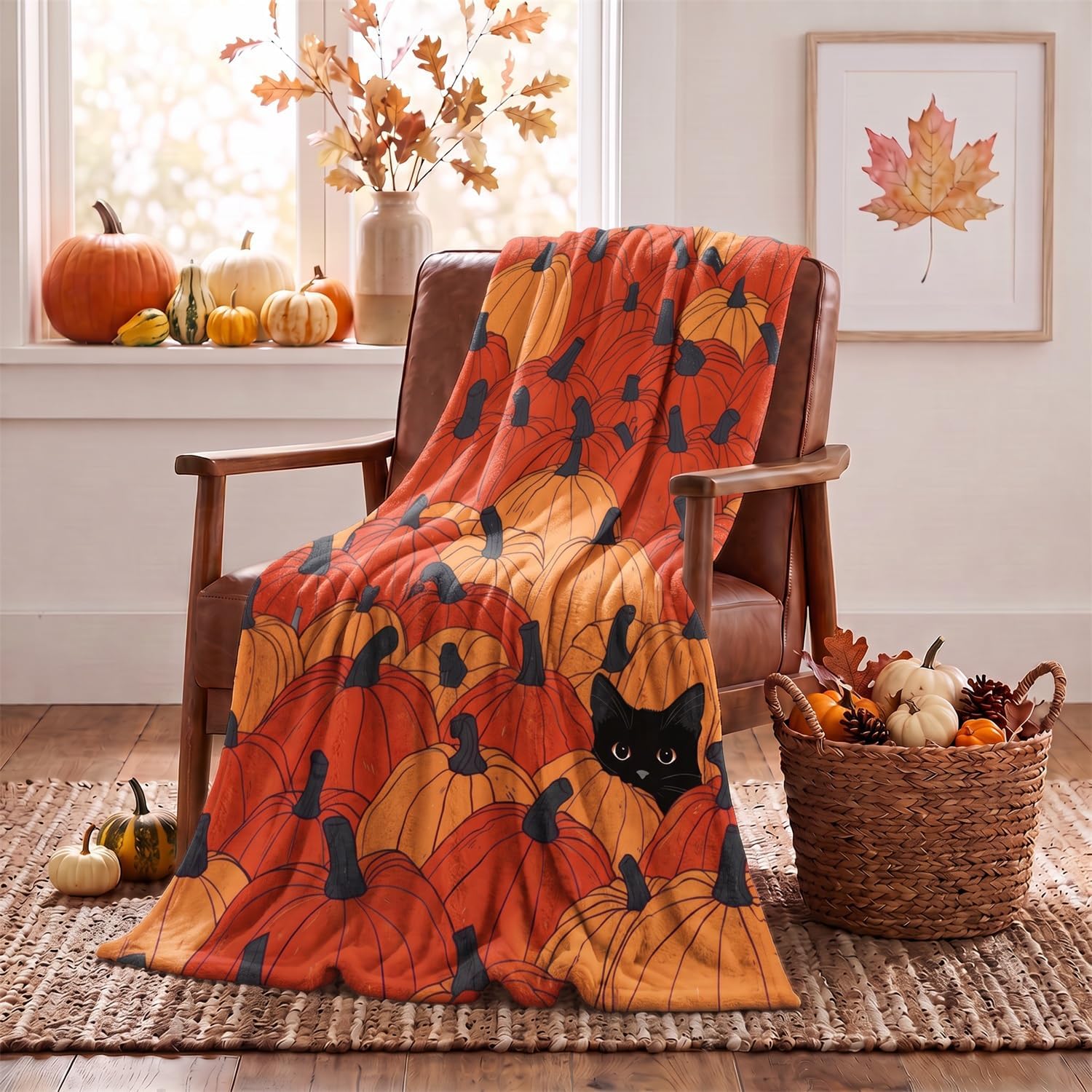 Horaldaily Fall Orange Pumpkin Cat Flannel Throw Blanket 50x60