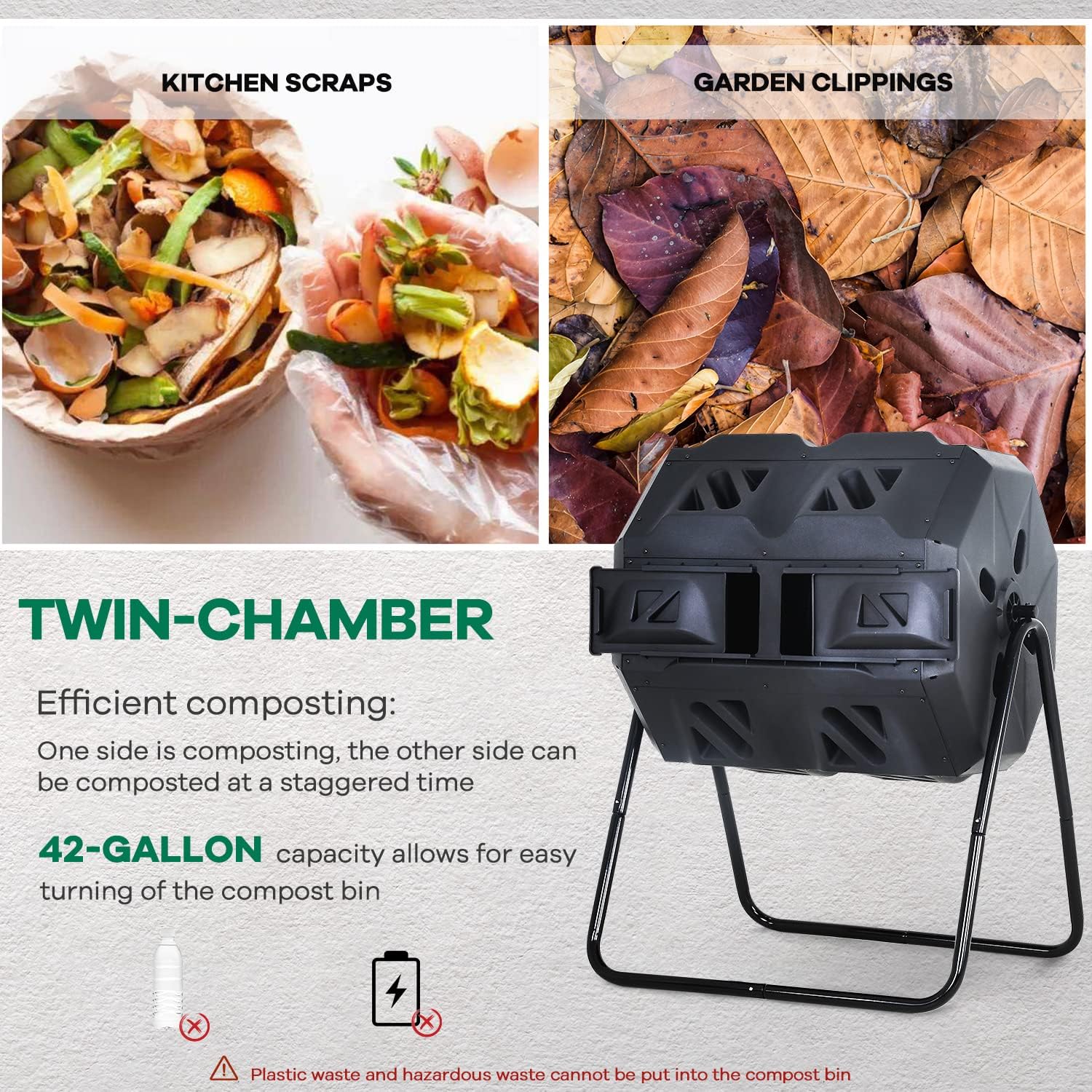 Compost Bin,Outdoor Compost Tumbler 42 Gallon Composter BPA Free Dual Chamber Composting Rotating for Garden Yard Black