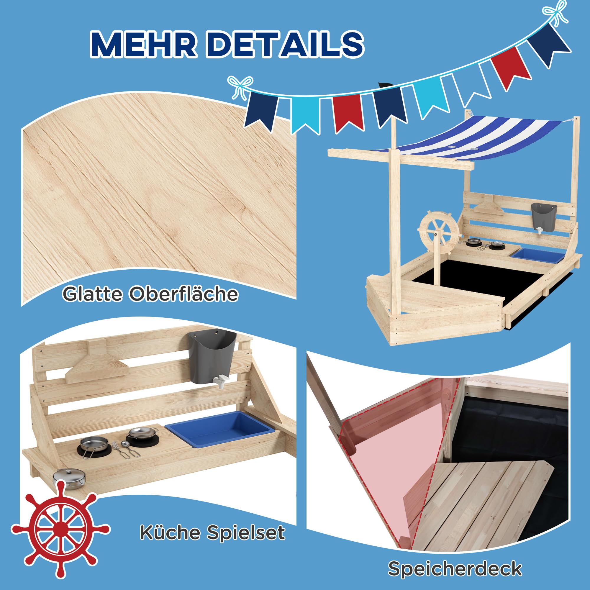 Outsunny Sandkasten Sandkiste groß mit Abdeckung im Schiff Design Matschekiste aus Holz Segelschiff Spielhaus mit Küchenspielset Aufbewahrung für Kinder 3-7 Jahre Naturholz 180 x 103 x 144,5 cm