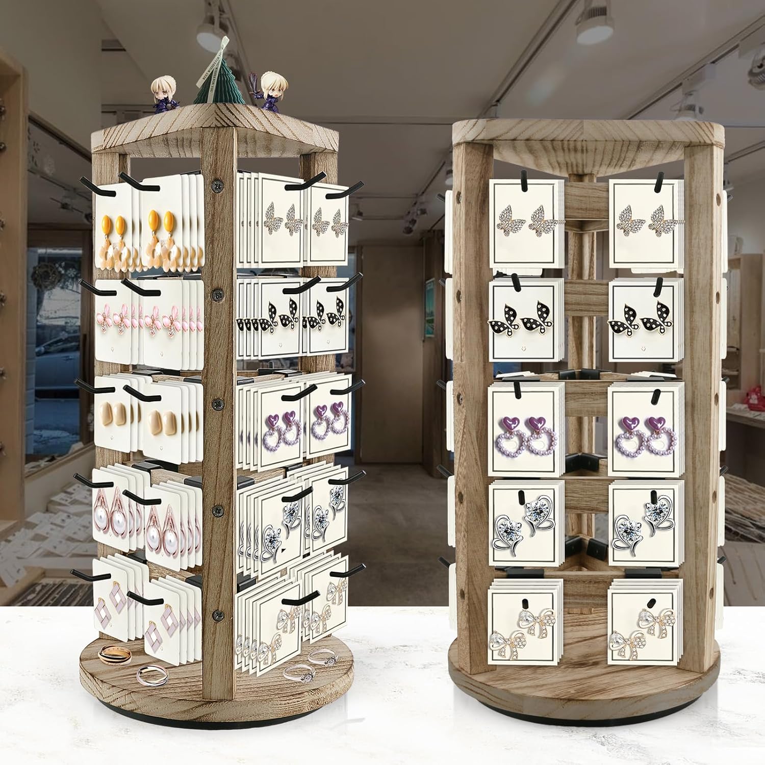 Wood Rotating Earring Display for Vendors, Wooden Jewelry Display for Vendors with 30 Removable Hooks 5 Tier Tabletop Necklace Display Stand Key Chain Display