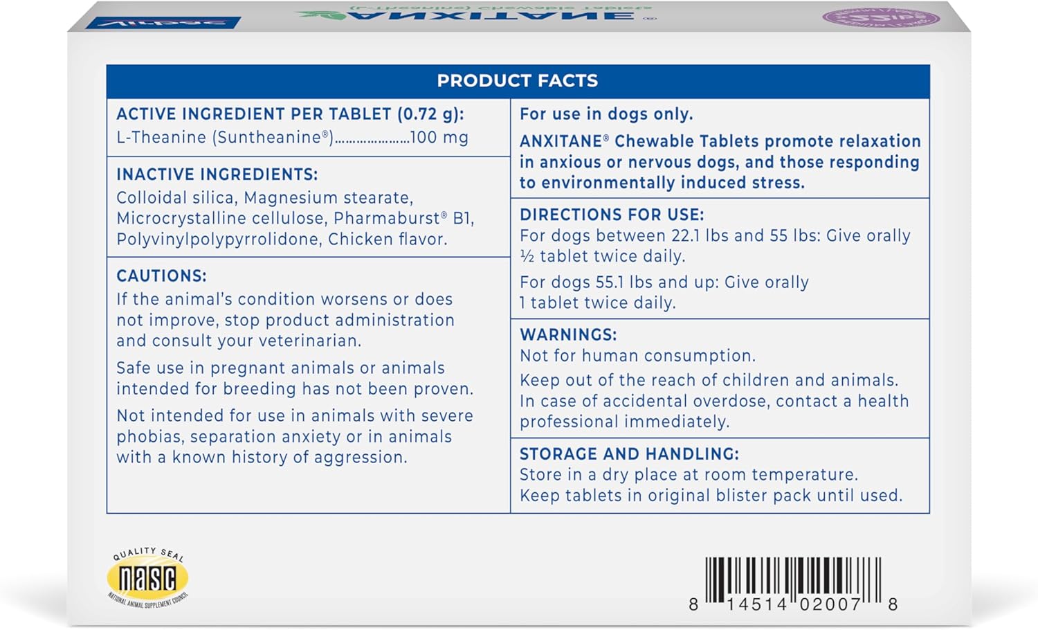 Virbac ANXITANE® (L-Theanine) Chewable Tablet - Promotes relaxation for anxious behavior - Medium/Large Dog >22lbs