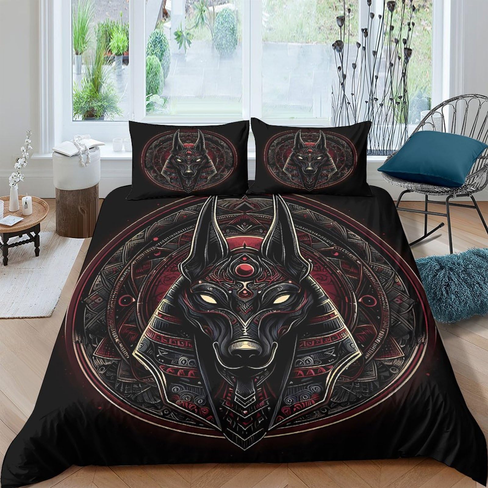 Ctjqhvkz Style-8 3D Printed Anubis Dark Art Fitted Sheet Microfiber Soft Black Egyptian Wolf Bed Cover For Bedroom Decor Mattress Protector Single（135X200cm）