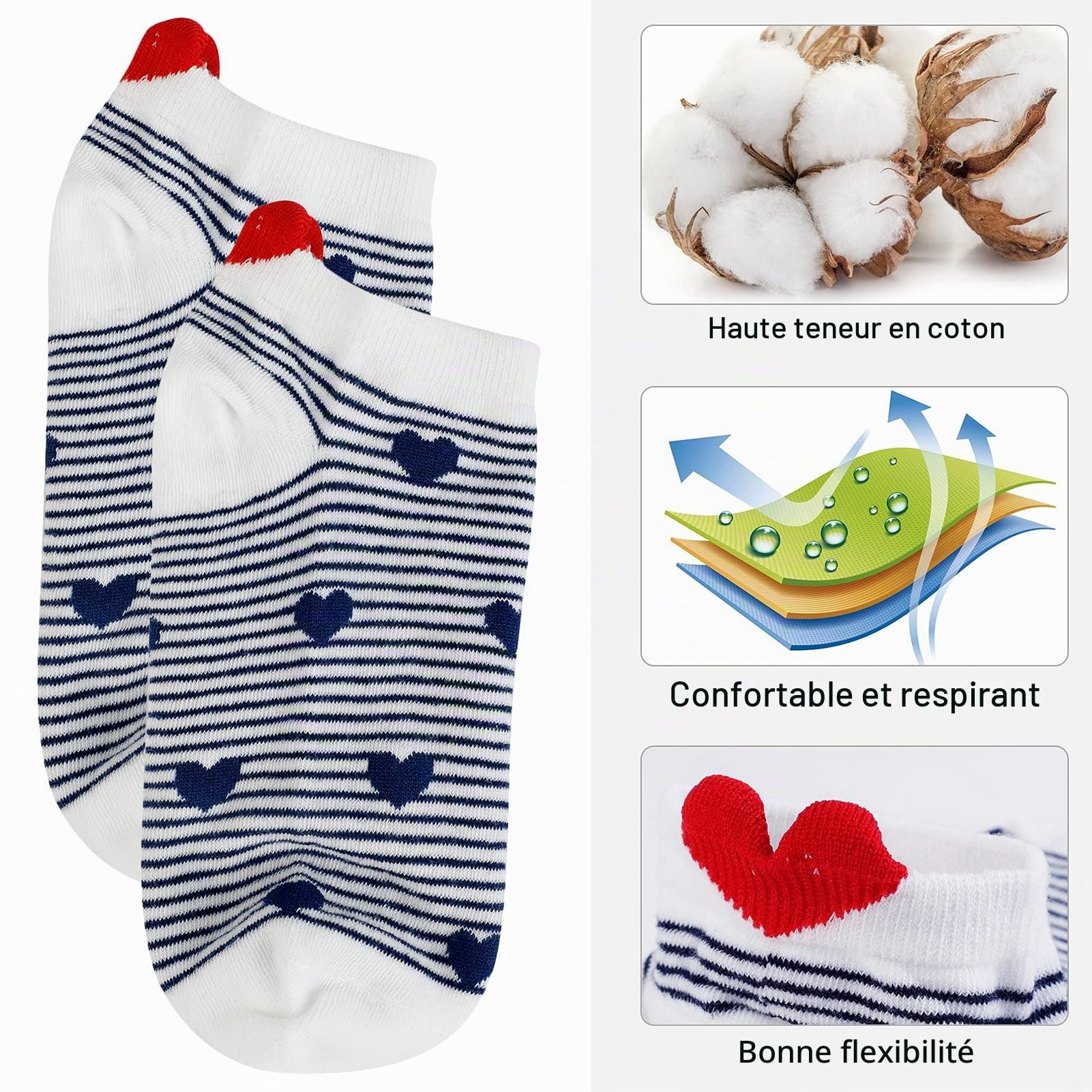 Chaussette Femme Coeur Fantaisie Chaussette Femme Courte 6 Paires Chaussettes Invisibles Femme Sport 36-39 Coton Soquette Femme