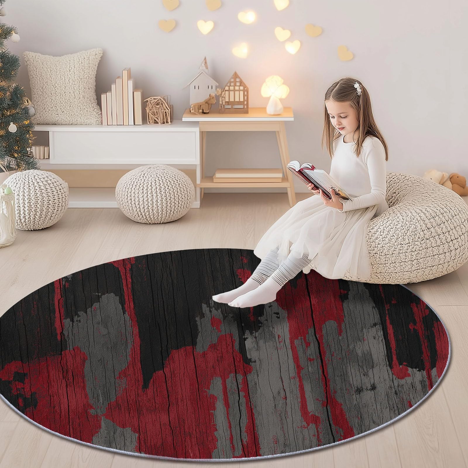 Mehrfarbig Runder Teppich Wohnzimmer 100 cm, Waschbar & Rutschfester Kurzflor Teppiche Schlafzimme, Industrieller Used-Look Gealterte Holzmaserung Teppich Rund für Kinderzimmer, Esszimmer, Büro