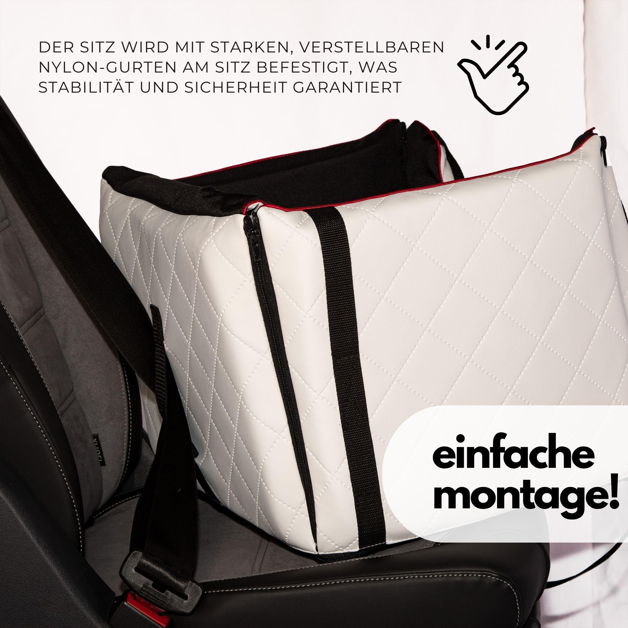 Golden Dog - Transportín para perro con cinturón de seguridad L-65 x 53 x 27 cm - Piel imitación asiento de coche para perro, resistente al agua - Asiento de pasajero para perros plegable - Cinturón