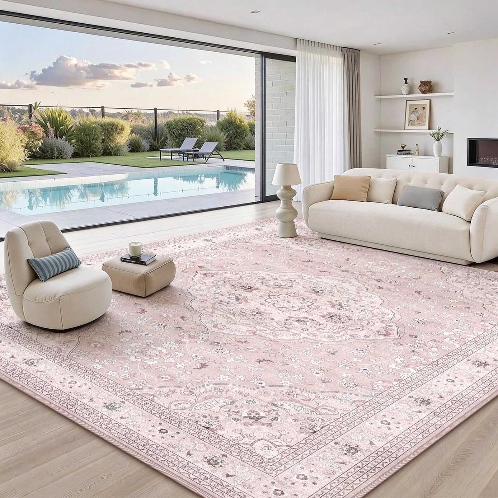 FVVRAX Vintage Large Rugs Living Room 160x230cm, Soft Pink Rugs for Bedroom â image 1