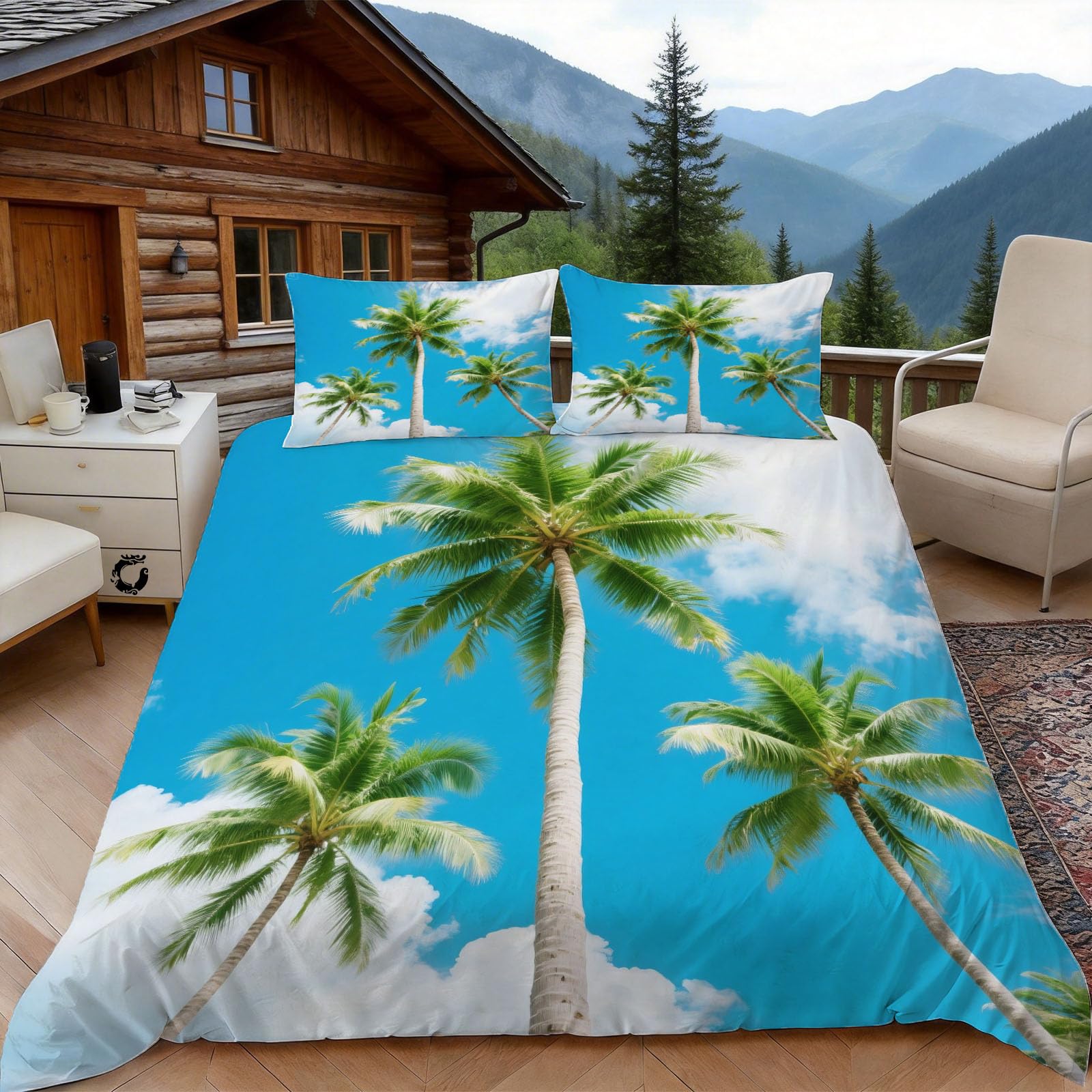 Housse de couette 240x260 imprimé cocotier naturel pour lit 2 personnes avec taies