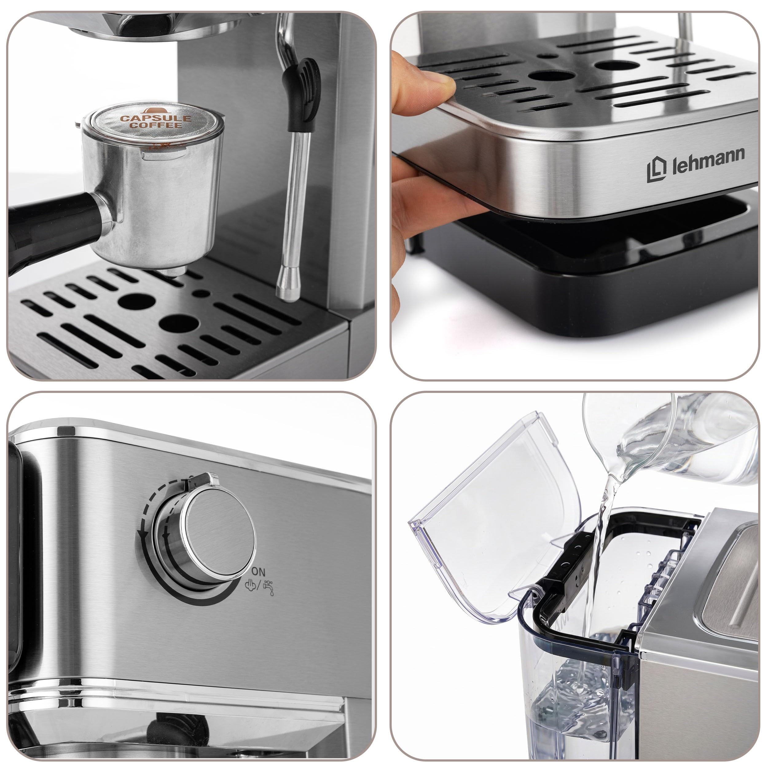 LEHMANN Bellagio Macchina Espresso 20 Bar con Montalatte | Per caffè macinato e capsule da 37 mm, display LCD touch, Cold Brew, Americano, serbatoio acqua 1,2 L