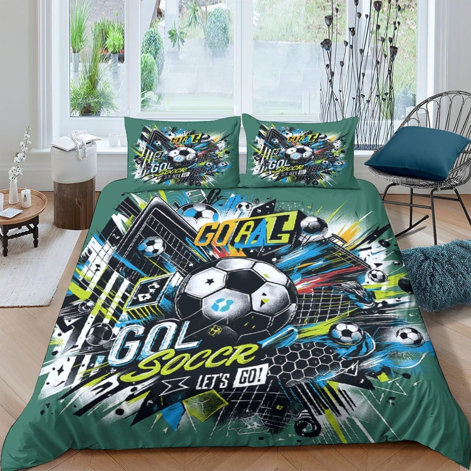 Ctjqhvkz Style-6 3D Printed Football Graffiti Fitted Sheet Microfiber Soft Green Soccer Bed Cover Anti-Slip Machine Washable For Bedroom Dorm Single（135X200cm）
