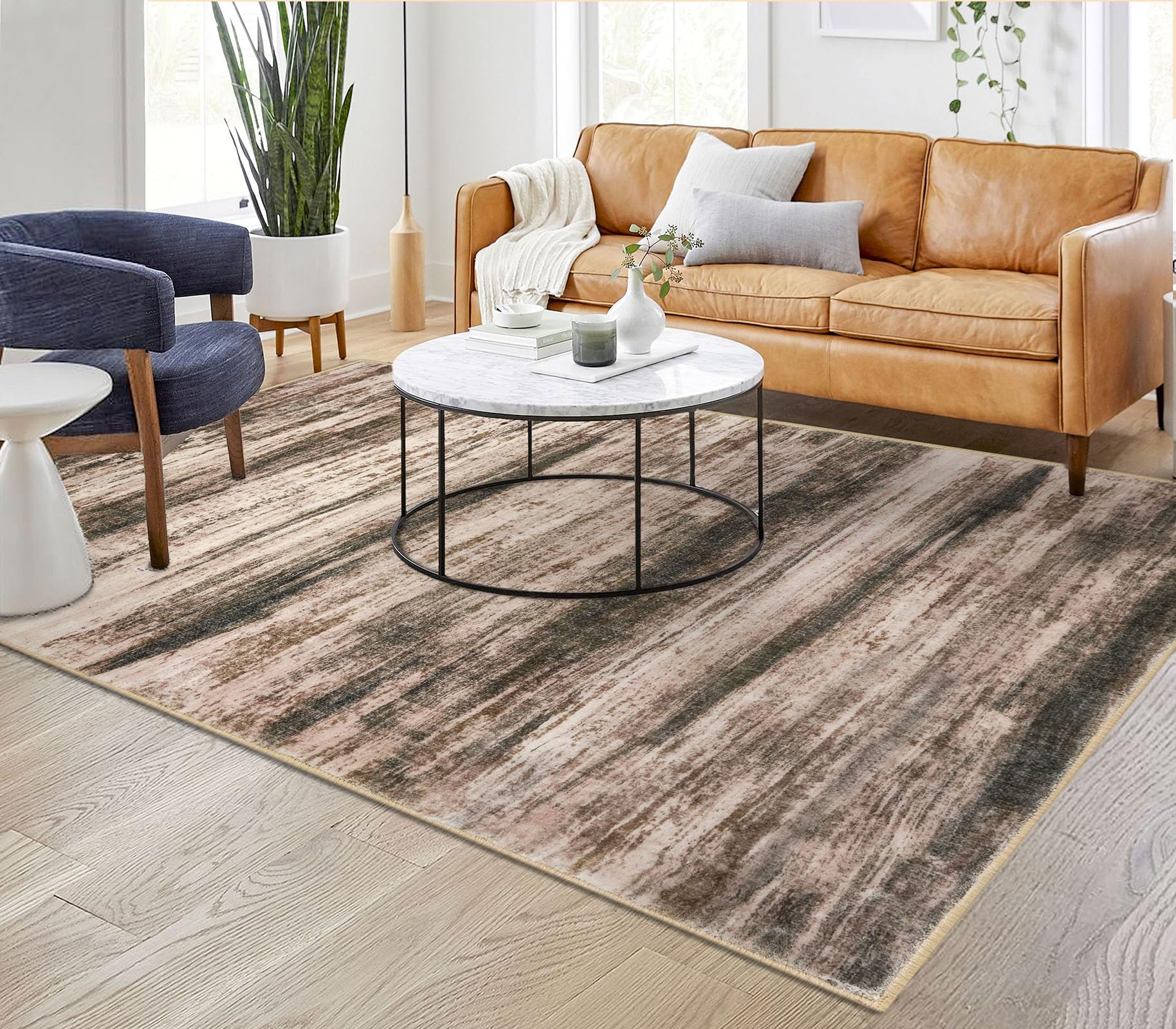 8'X10' KOZYFLY Washable Area Rug Modern Ombre Rugs for Living Room Non-Slip Soft Striped Area Rug for Bedroom, Print Distressed Brown Abstract Carpet for Laundry Kid Room
