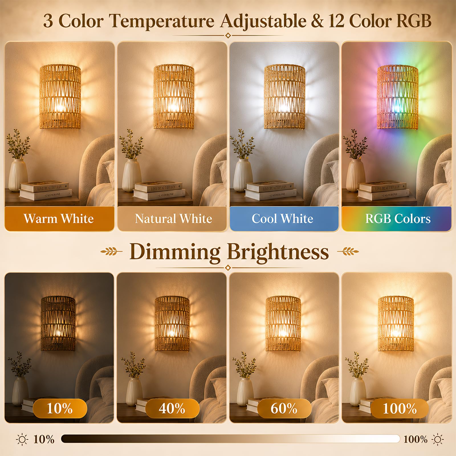 2 Stück Boho Rattan Wandlampe Innen Akku,wandleuchte innen Stromanschluss,RGB Dimmbare Wandleuchten mit Fernbedienung, 3Zeitplanungsmodi, Boho Rattan Nachttischlampe für Schlafzimmer Wohnzimmer Flur