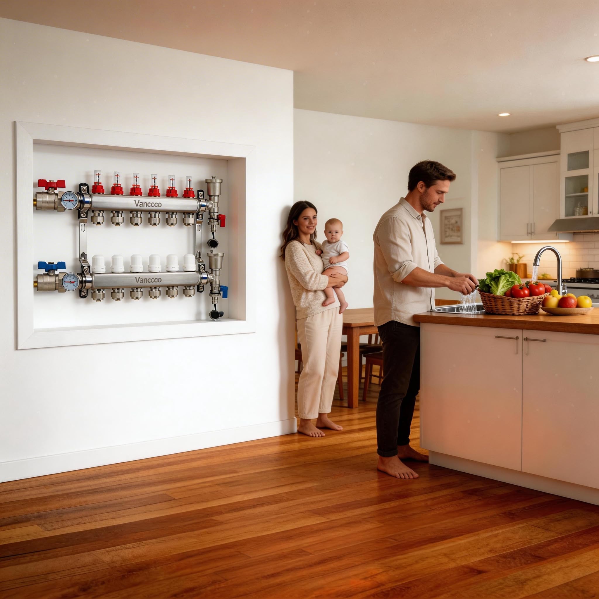 VANCOCO Sistema de calefacción de suelo radiante PEX de 6 bucles con adaptadores de tubo PEX de 1,27 cm, colector de acero inoxidable para calefacción de suelo radiante hidrónico