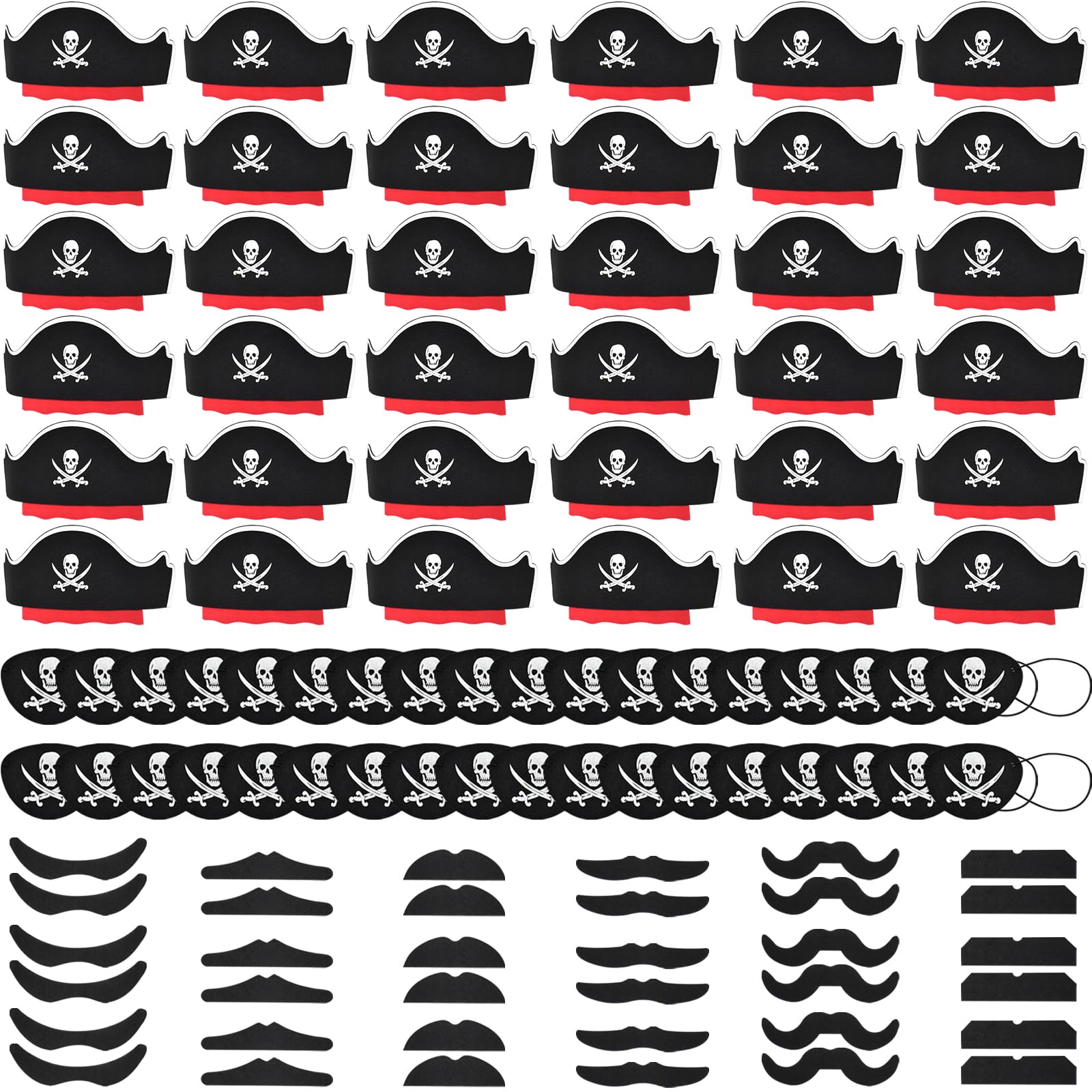 Halatool 36 Set Pirate Accessories Bulk for Kids, Include 36 Felt Pirates Hats with 36 Eye Patches and 36 Mustaches, Pirate Costume Accessories for
