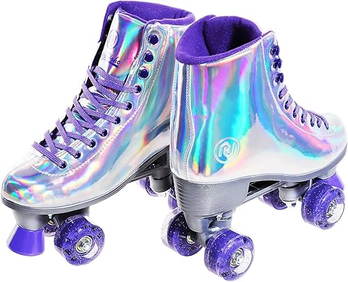 Miniatura 8 de Patines holográficos de piel sintética para mujer, patines de cuatro ruedas brillantes de doble fila, cuatro ruedas para niñas de 8 a 50 años, para