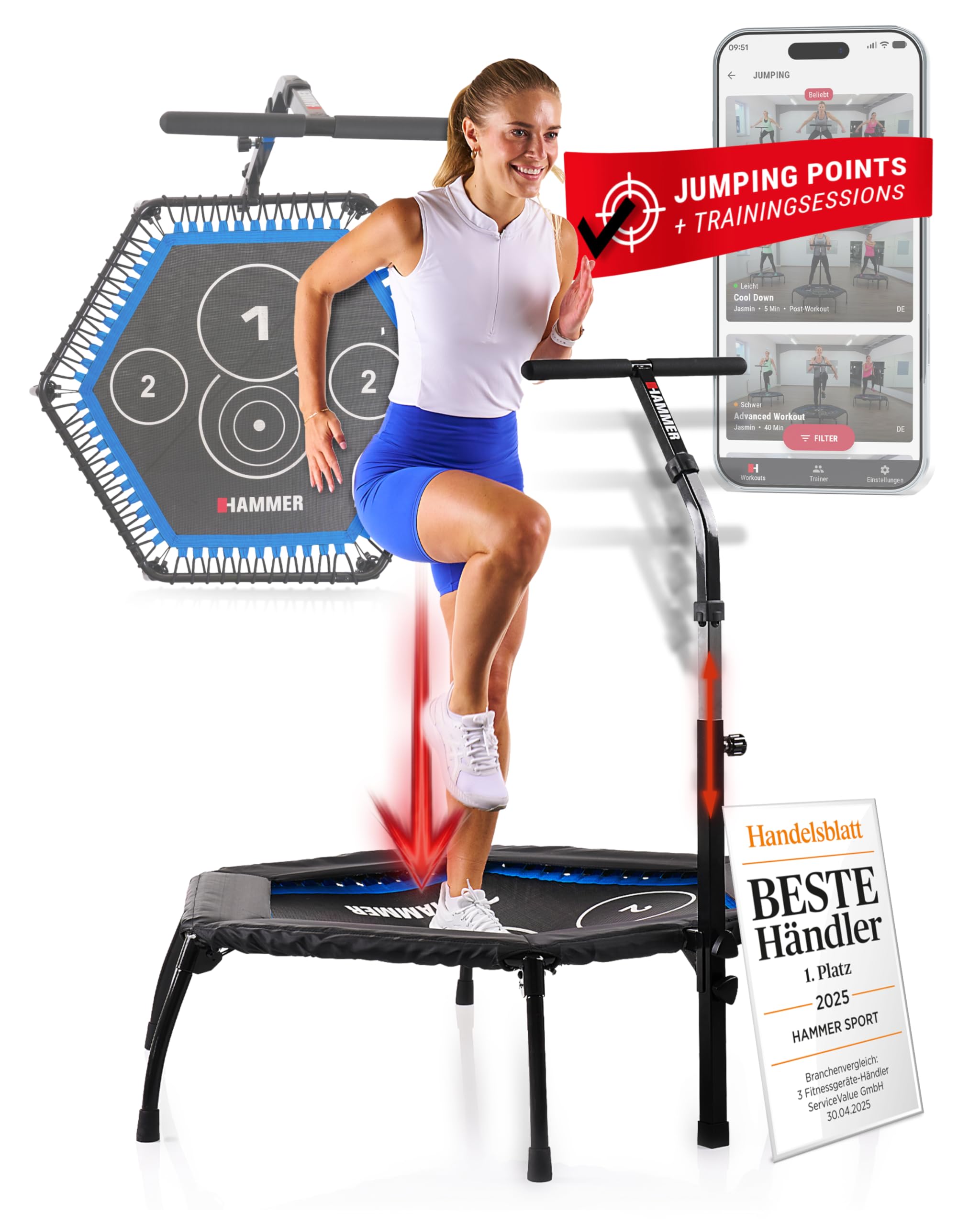 HAMMER Fitness-Trampolin Cross Jump, 98 cm Sprungfläche, patentierte Technik, mehrfach höhenverstellbarer Haltegriff, leistungsstark bis 130 kg Benutzergewicht