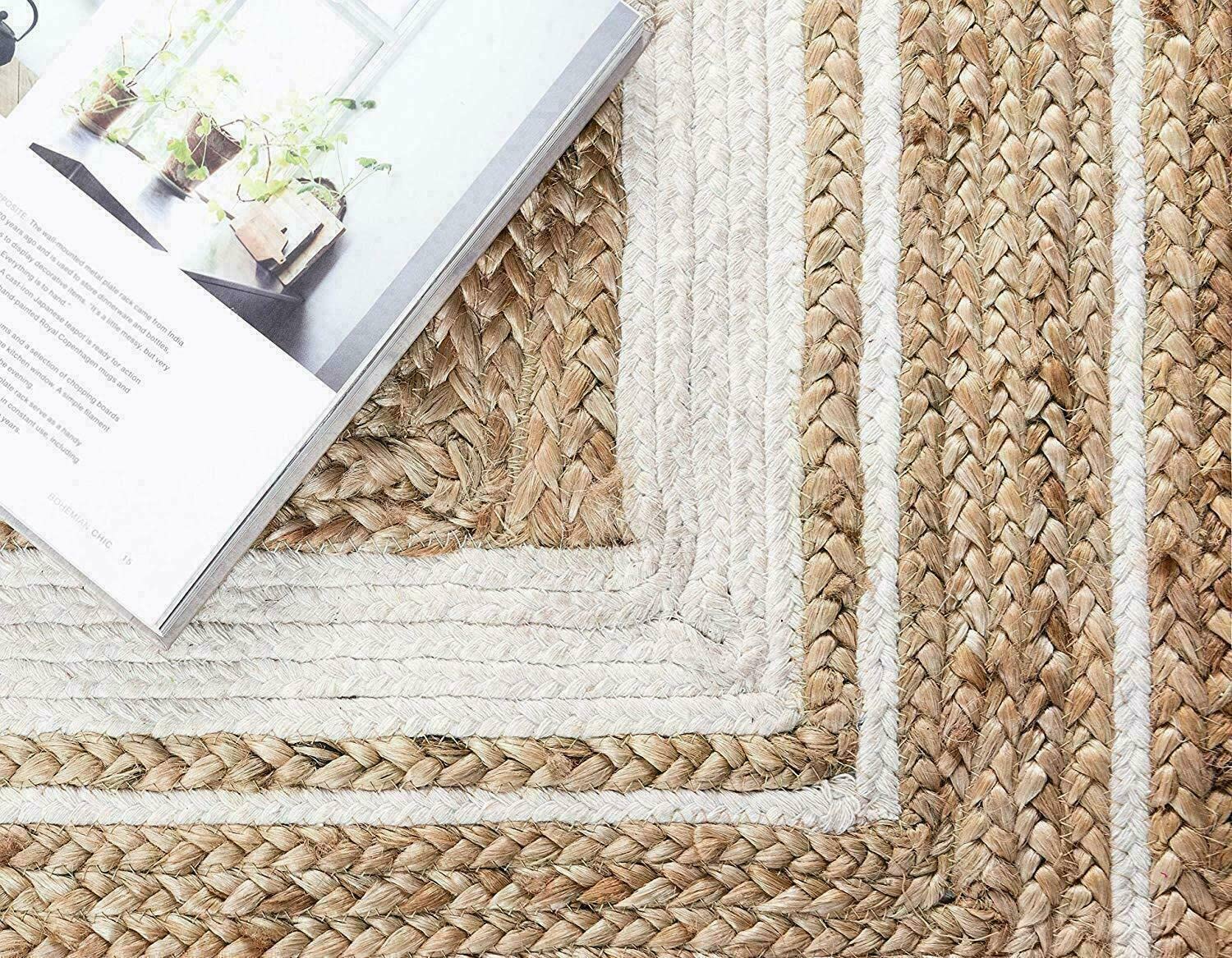 Tapis de Couloir en Jute Beige et Blanc ligné Fait à la Main (60 x 360 cm)