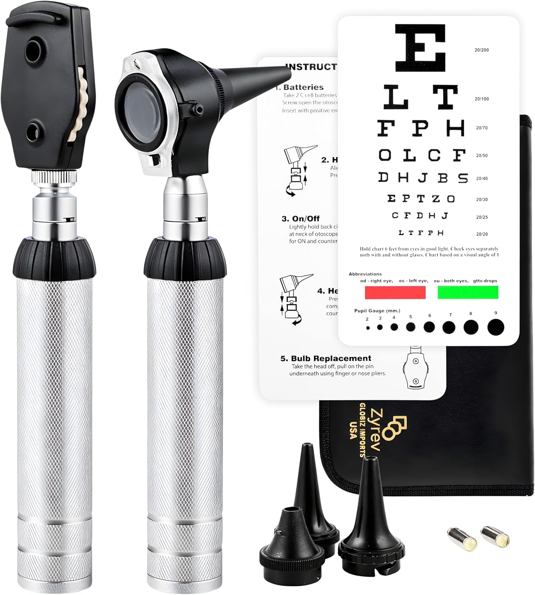 2 in 1 Otoscope Oph Set - Perfect for Nursing & Medical Students with Carry Case, Sight Chart & Replacement Ear Speculums