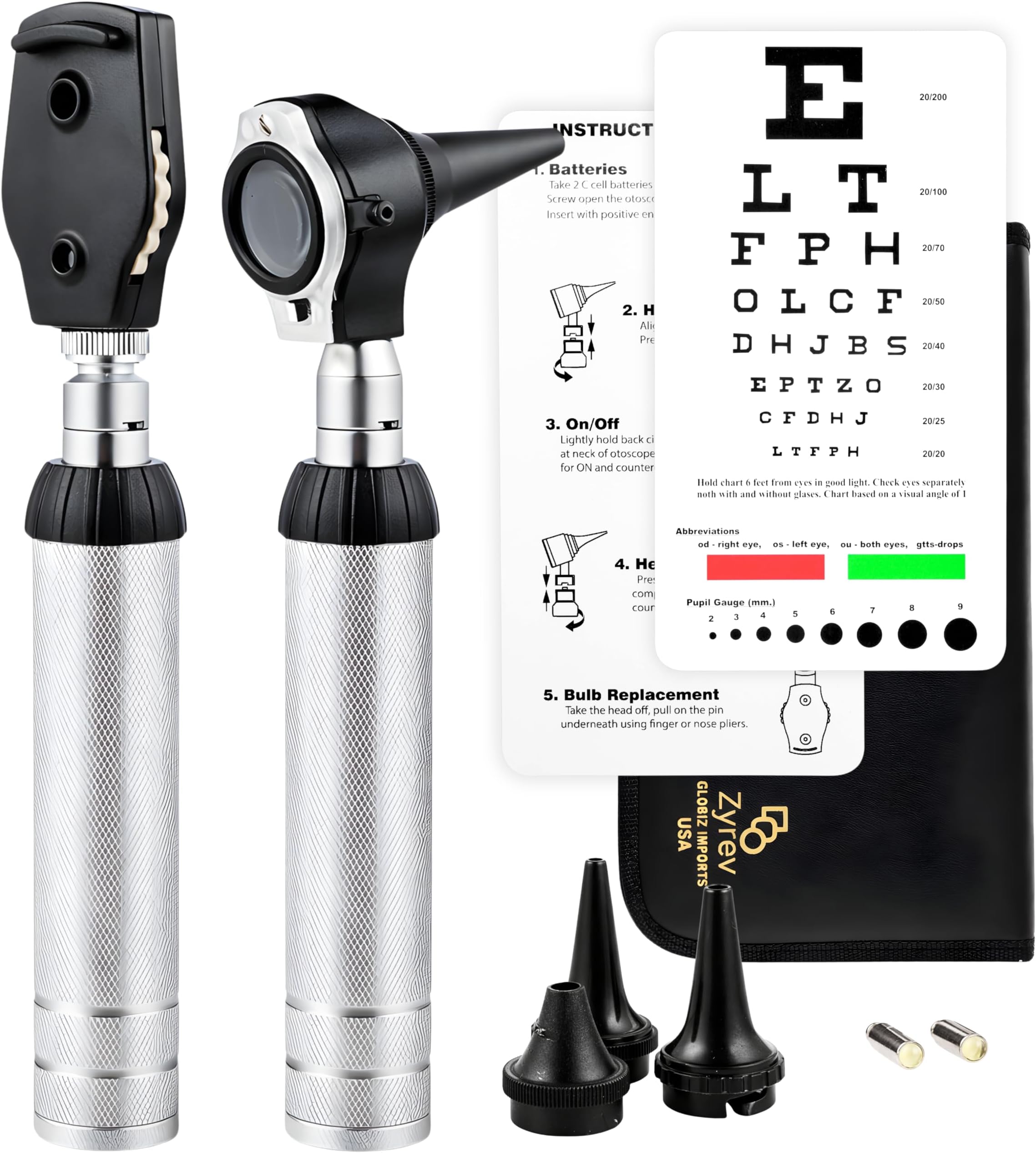 Zyrev ZetaLife 2 in 1 Otoscope Set - Perfect for Nursing & Medical Students with Carry Case, Sight Chart & Replacement Tips