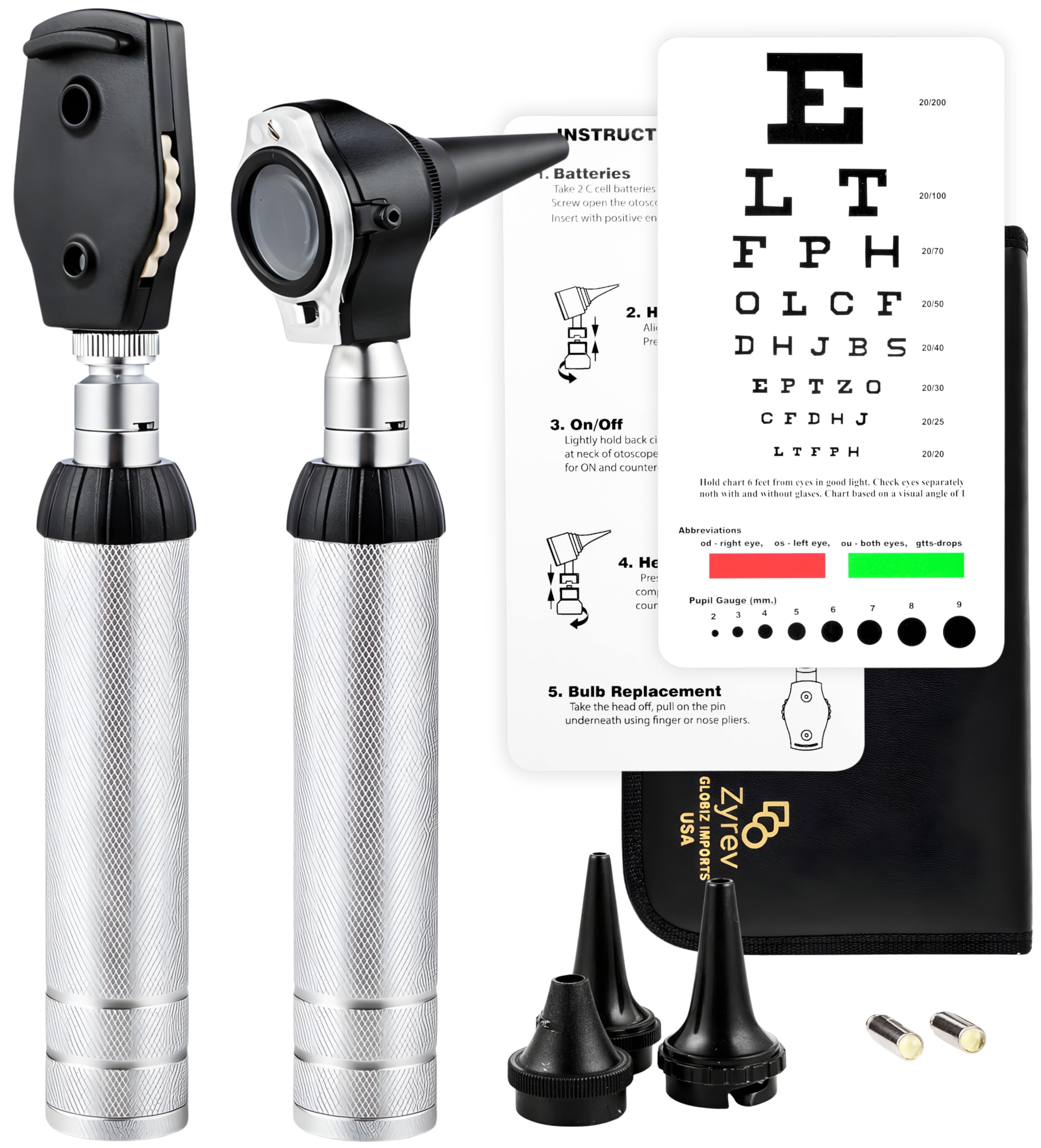 Zyrev 2 in 1 Otoscope Oph Set - Perfect for Nursing & Medical Students with Carry Case, Sight Chart & Replacement Ear Speculums