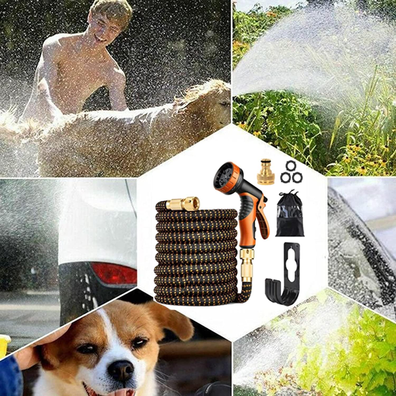 Tubo da giardino espandibile con pistola a spruzzo d'acqua a 10 modalità, connettori in ottone massiccio da 3/4" e 1/2", resistente tessuto 3450D, avvolgitubo per tubo da giardino, tubo magico