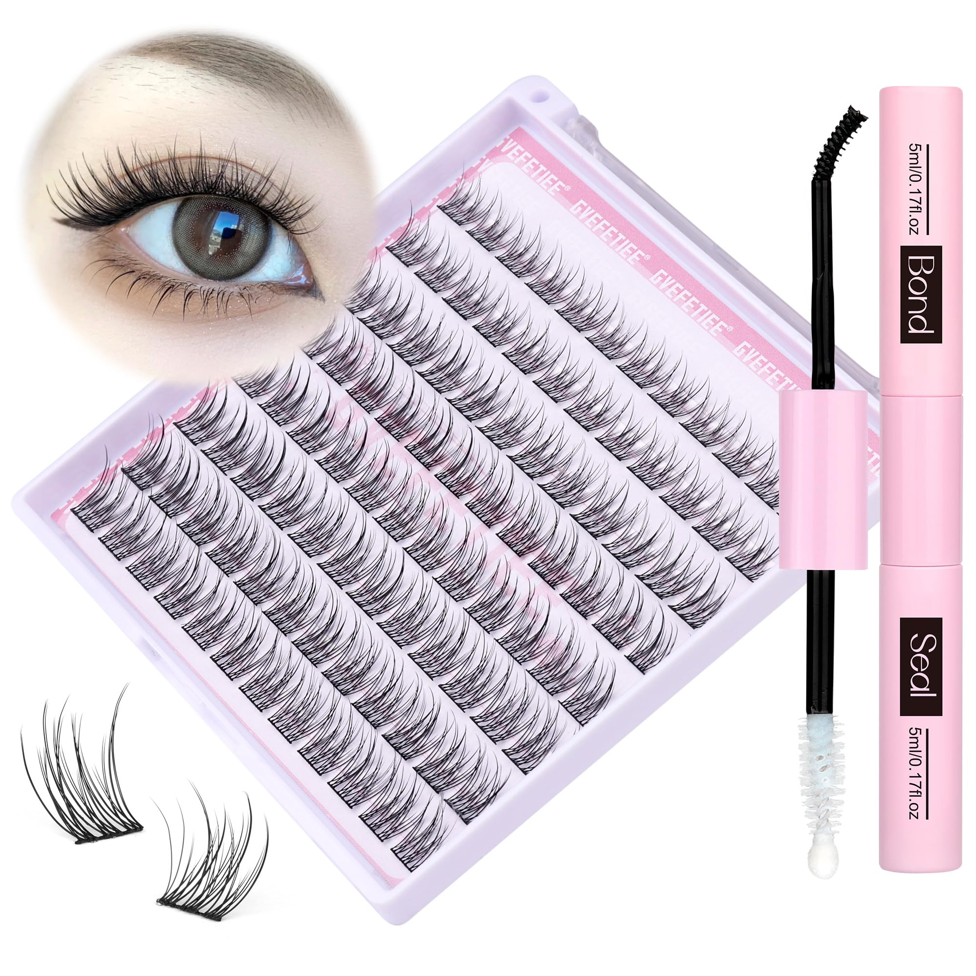 DIY Eyelash Extensions Kit Natural Cluster Lashes Individual Lashes Wispy Cluster Lashes with Lash Bond and Seal 96Pcs Lash Extension Kit for Self Application by GVEFTIEE