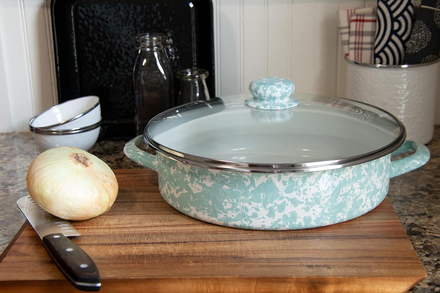 Golden Rabbit Enamelware Saute Pan, 5 quart, Sea Glass