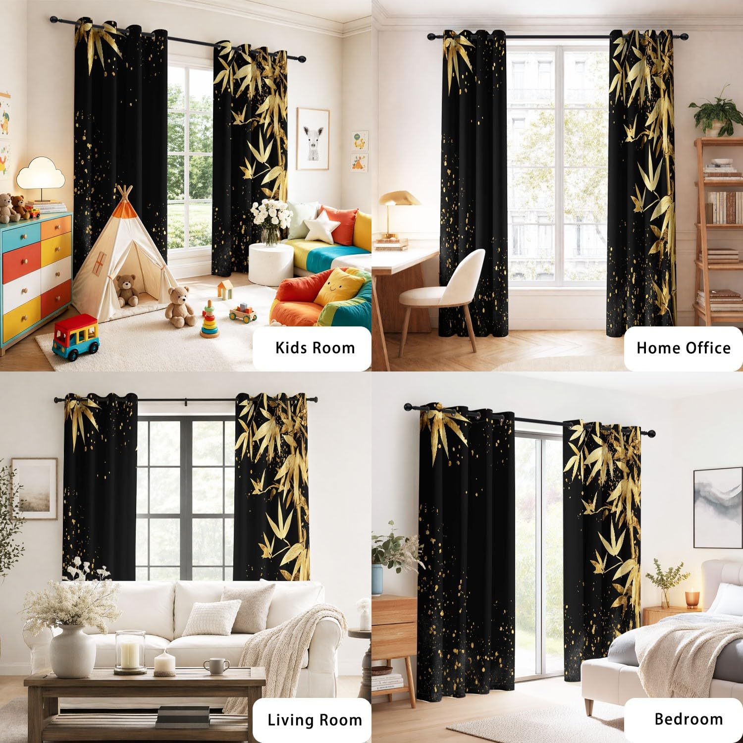 Générique Feuilles Bambou Dorées Éclaboussures Encre Rideau à œillets Luxe Abstrait Thermique, Séparateur de pièce, Occultant, Rideau de fenêtre Chambre Salon L 140 x H 180 cm 2 Panneaux Simples