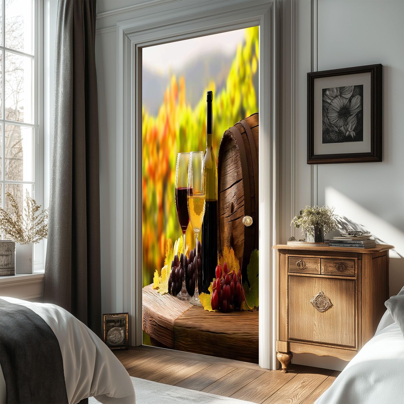 Realismus naklejka na drzwi, beczki wina, winogrona, tapeta na drzwi dla dzieci, do sypialni, 95 x 215 cm (szer. x wys.) naklejka na ścianę, fototapeta, dekoracja pokoju dla dzieci, dekoracja domu