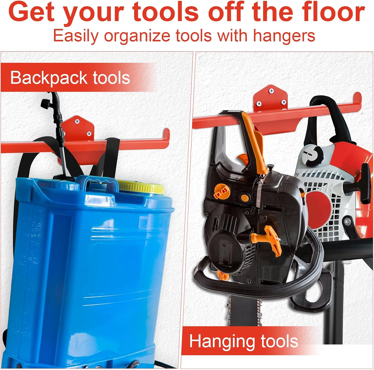 BOXOB 2pcs Backpack Blower Wall Mount, Heavy-Duty Backpack Leaf Blower Hanger Sprayer Rack Holder Chainsaw Hanger for Garage Garden Tools Organization Storage