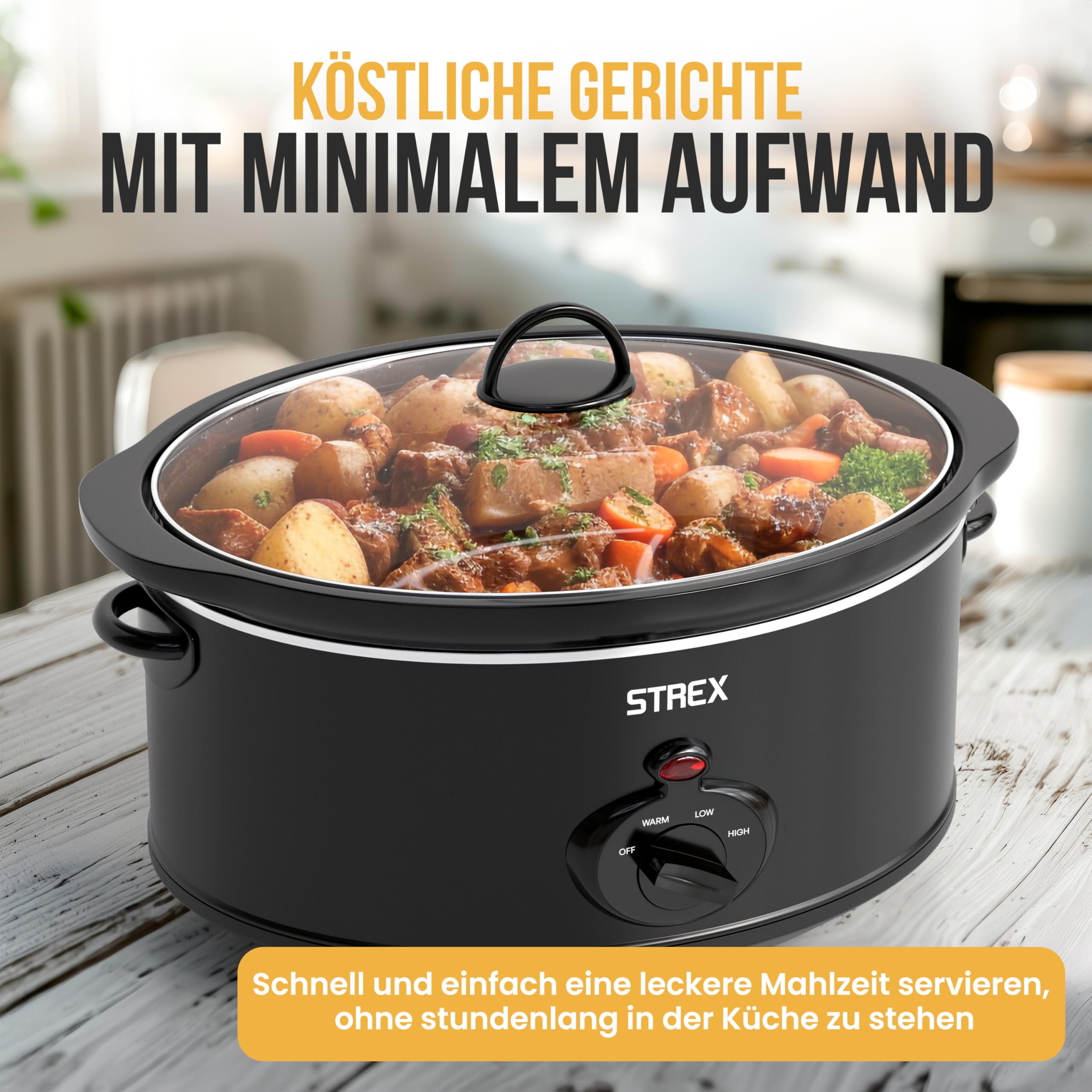 Strex Schongarer Slowcooker 6.5L - Herausnehmbarer Keramik-Innenbehälter - Warmhaltefunktion - Slow Cooker - Schwarz
