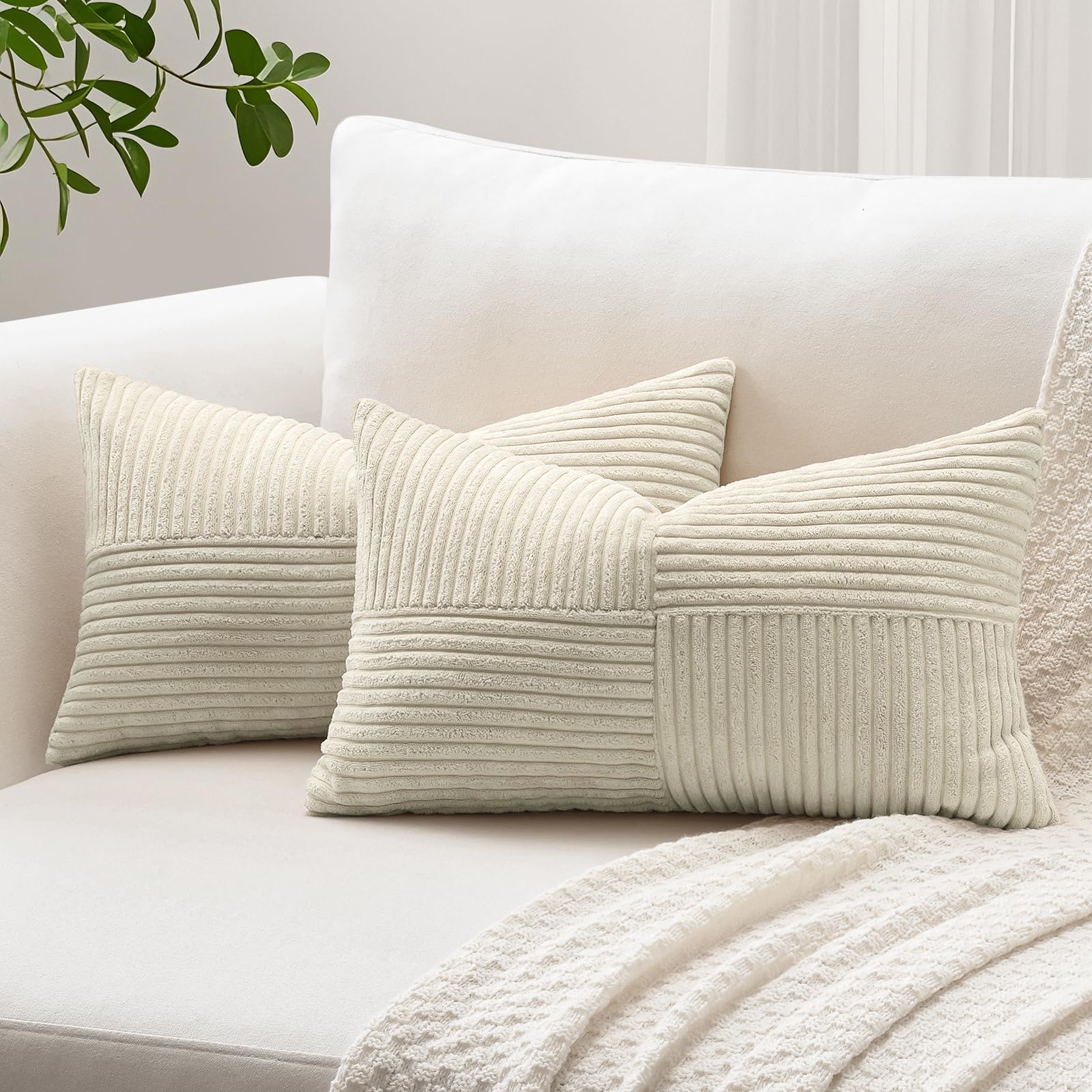 Sungeek Set of 2 Decorative Cushion Covers 30 x 50cm Soft Corduroy Striped Cross Patchwork Textured Pillow Covers Solid Lumbar Throw Pillow Cases for Sofa Bed Patio 12x20 Inch, Neutral Taupe