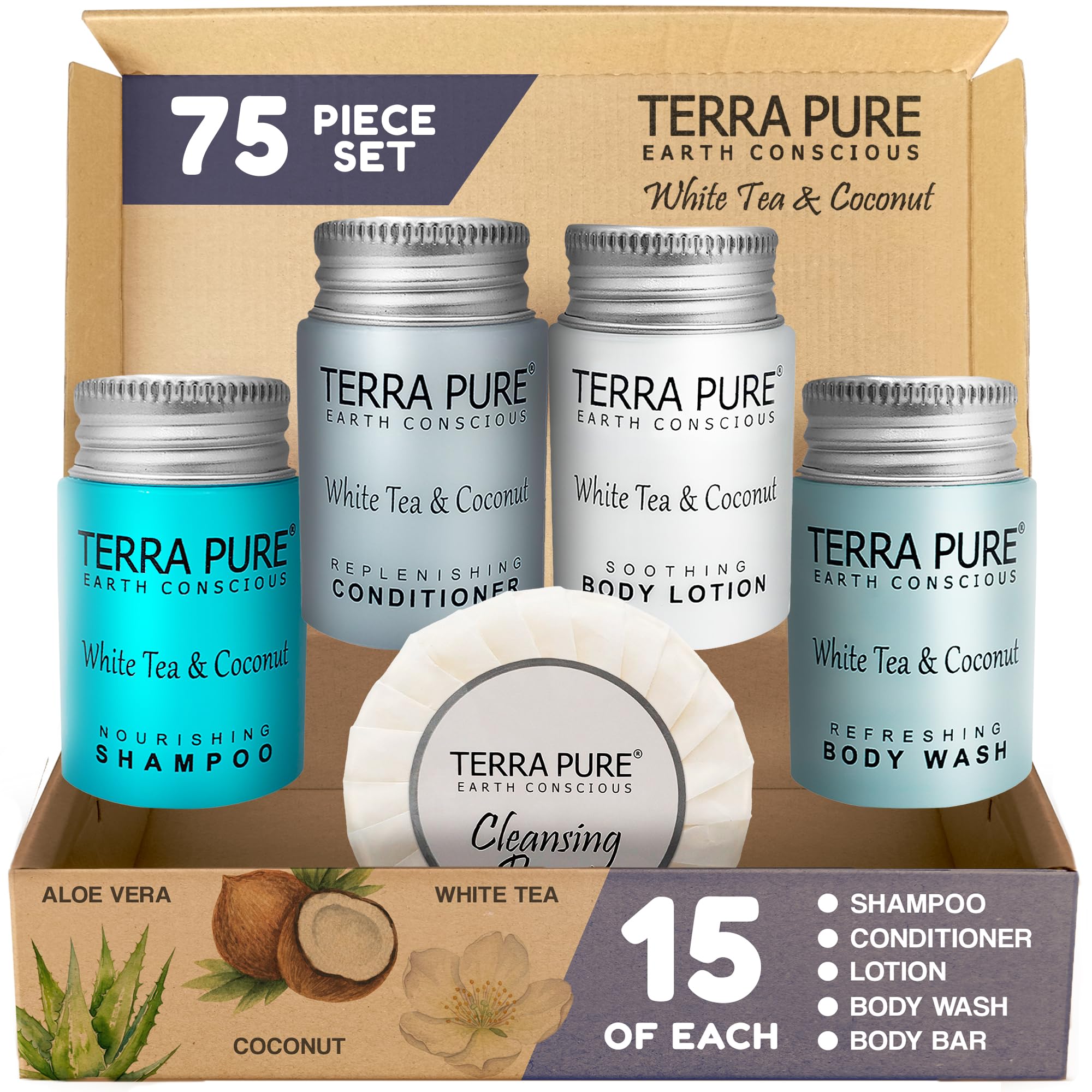 - Terra Pure White Tea & Coconut Toiletries Set | 1-Shoppe Amenities Kit | 1oz Liquids, 1.25oz Bar Soap | Hotels, Airbnb & Rentals | 75 Pieces