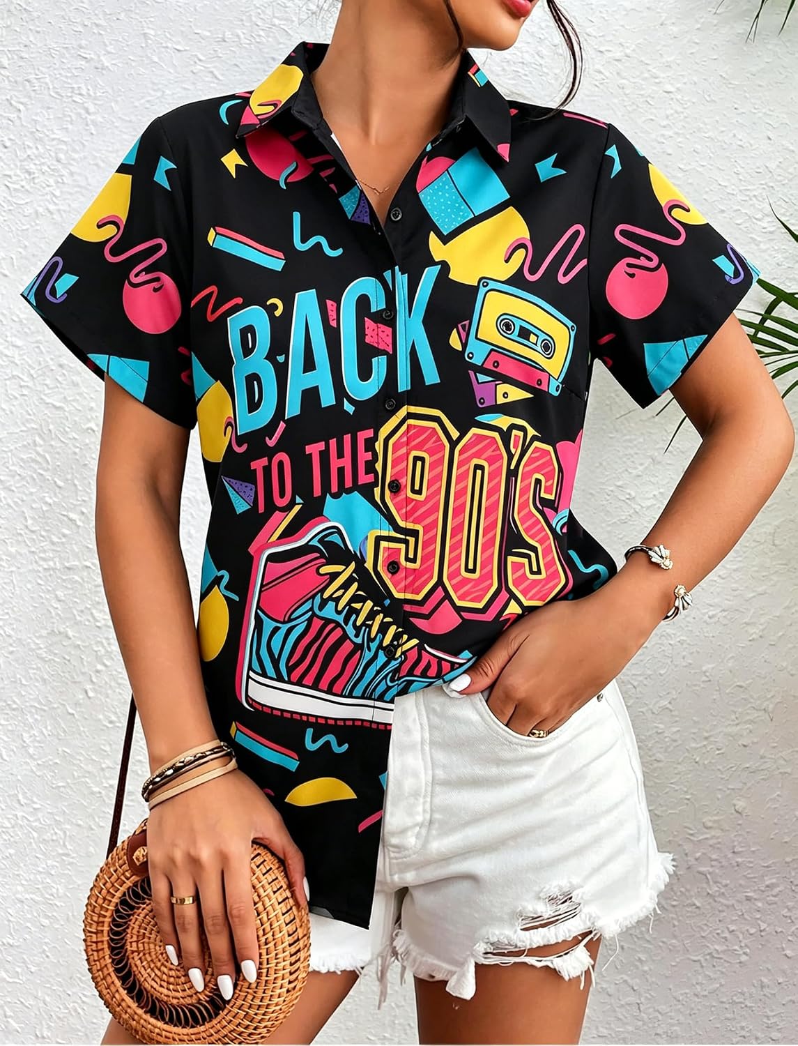 80s 90s Outfits for Women 80's Theme Party Shirts Back to The 90s Tee Button Down Short Sleeve Top Vintage Blouses