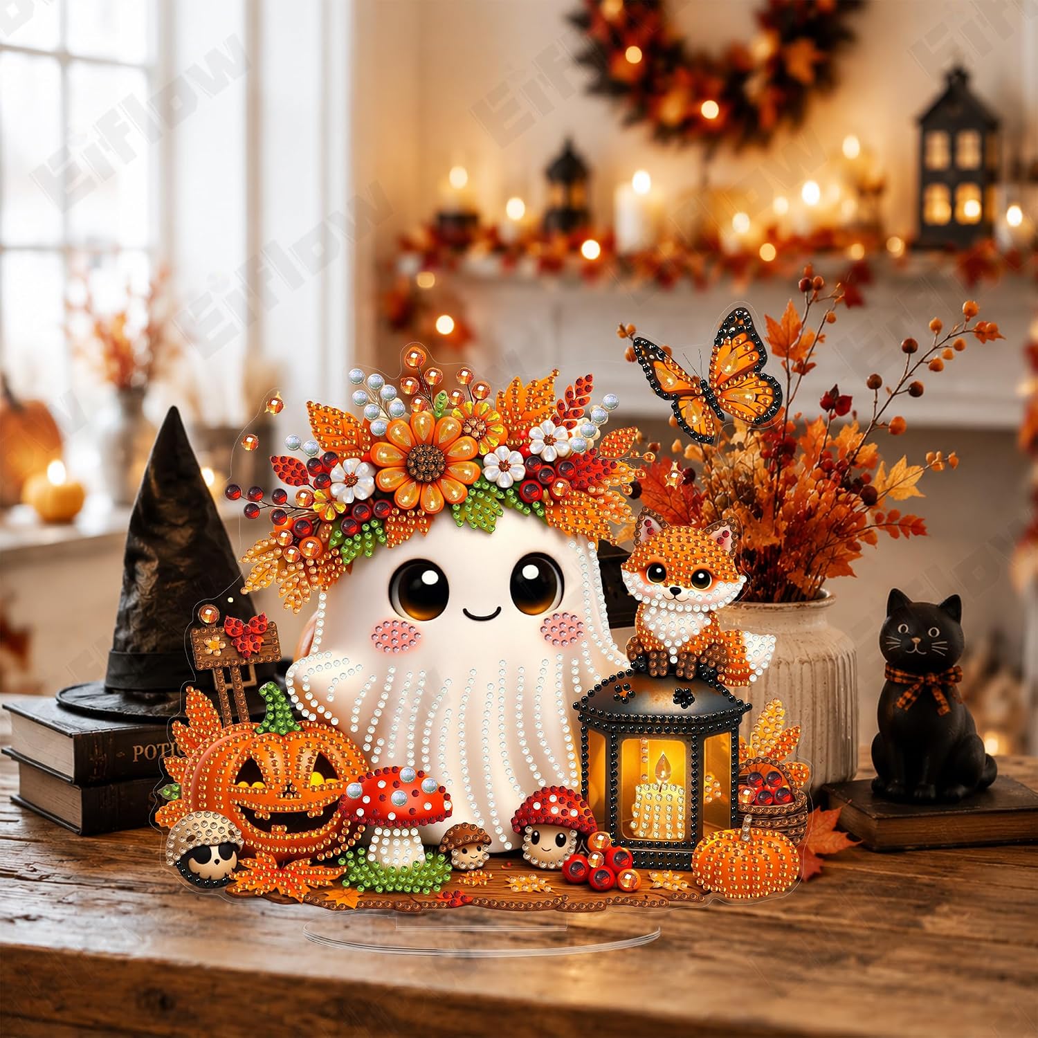 Eiflow Desktop Diamond Art Kit for Adults Halloween, DIY Tabletop Diamond Art Painting with Stand, Acrylic Stand Up Gem Painting Board Kit (Fall Ghost)