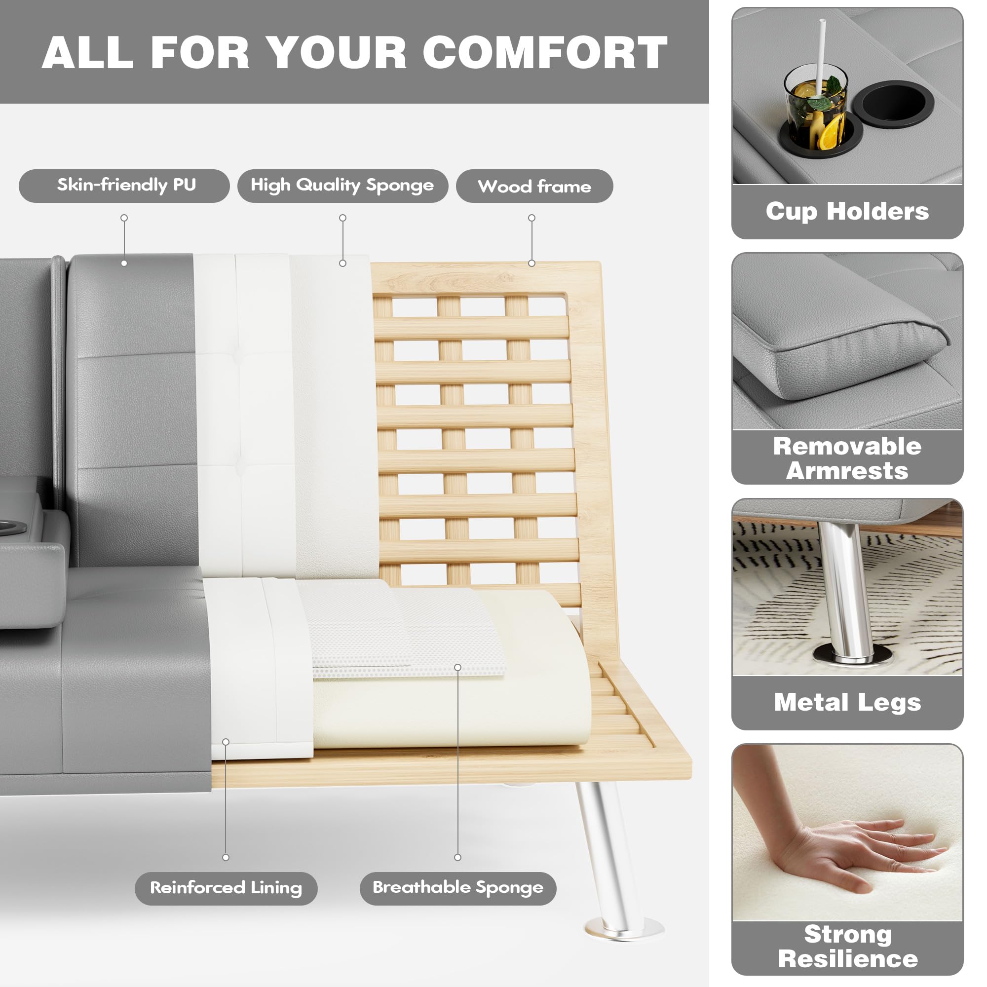 Snapklik.com : JUMMICO Futon Sofa Bed Convertible PU Leather Futon ...
