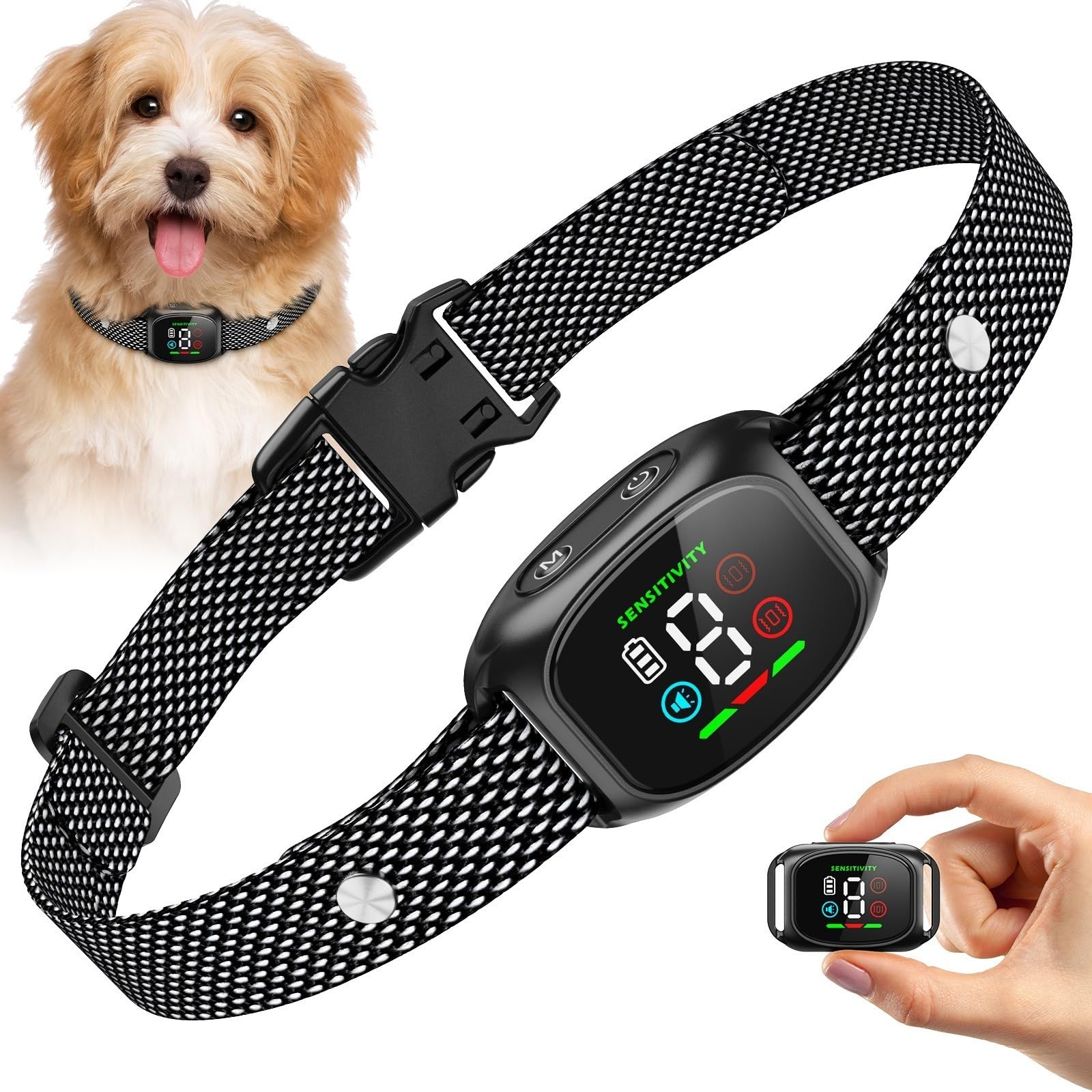 Collar antiladridos Perros, 4 Modos de corrección, 8 Niveles de sensibilidad Ajustable, IP67 Resistente al Agua, Recargable, para Perros Grandes y pequeños.