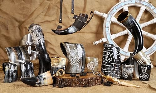 Miniatura 6 de Taza de cuerno vikingo  Cuerno natural hecho a mano  Cuerno de beber Thor  Cuerno vikingo pulido con ribete de latón y perilla de latón 1 pieza