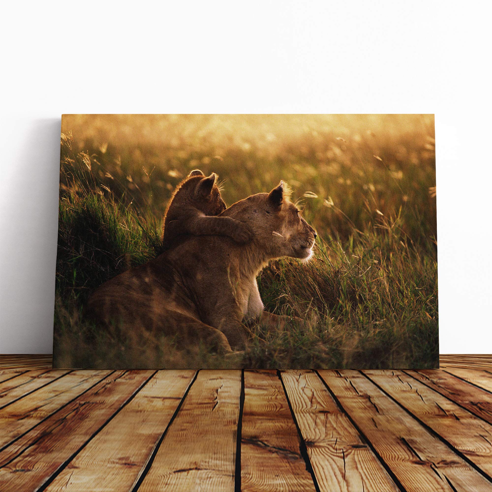 Lion Lioness with Cub Canvas Print | Gallery Wrapped 30mm Frame Wall Art | 30x20 inches | Ready to Hang | Modern Animals Picture | Living Room Bedroom Lounge Office
