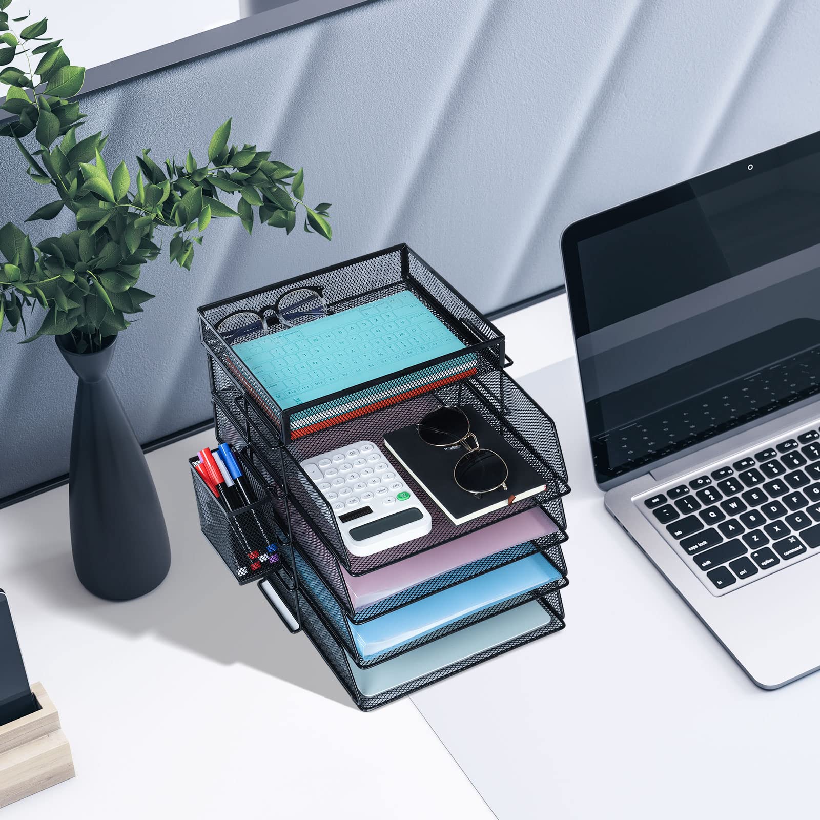 Bac à Lettres Empilable Cinnani 4 Étages - Organisateur Bureau Métal Avec Porte-Stylos Et Support Dossiers