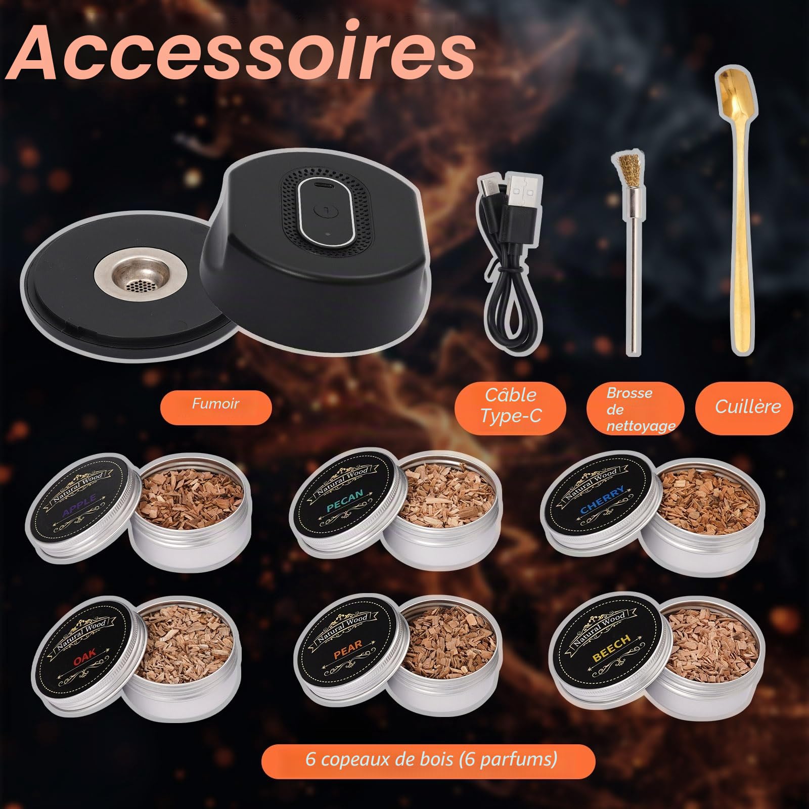 Kit Fumoir Whisky Électrique avec 6 Arômes de Copeaux de Bois, Fumoirs Boissons à l'ancienne, Kit de Fumoir pour Whisky pour Bourbon Cocktails, Cadeau pour Père, Anniversaire, Amateur de Cocktail