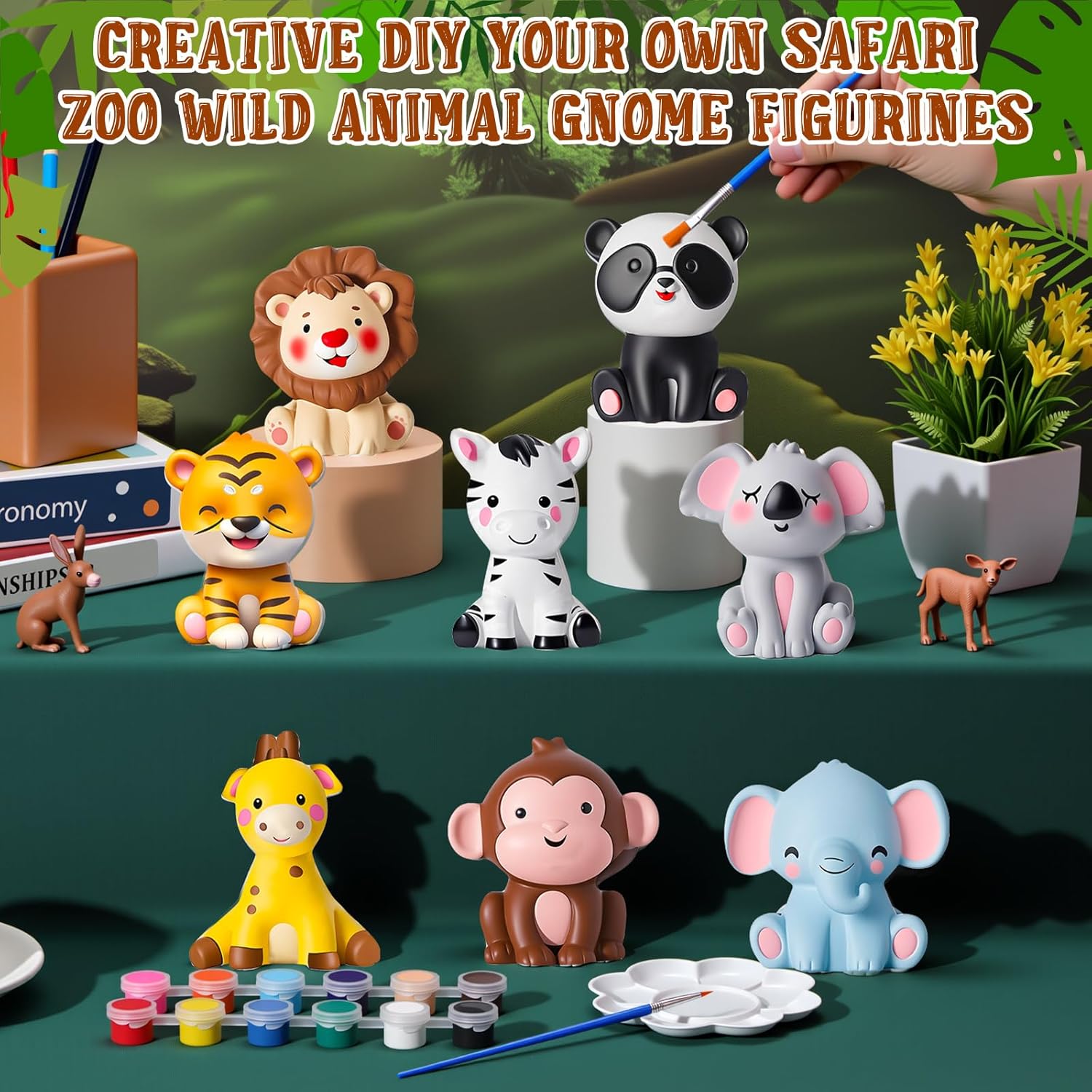 Reallnaive 8 Pack Wild Animal Ceramics to Paint Ready to Your Own Gnome Statues Jungle Theme Paintable Figurines DIY Unpainted Safari Animal Plaster Crafts Kit with Brush Palette Paint Figurines Gift