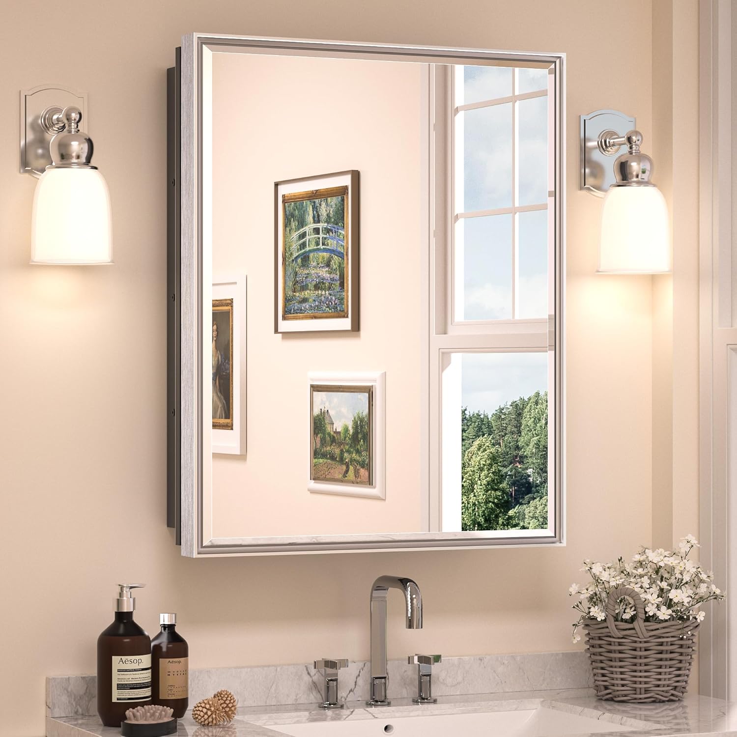 TETOTE Medicine Cabinet 21 x 27 Inch Silver Framed for Bathroom with Mirror Aluminum Framed Surface or Recessed Wall-Mounted Medicine Cabinets Beveled Mirror with Storage 1 Door Modern Farmhouse 21x27 Silver