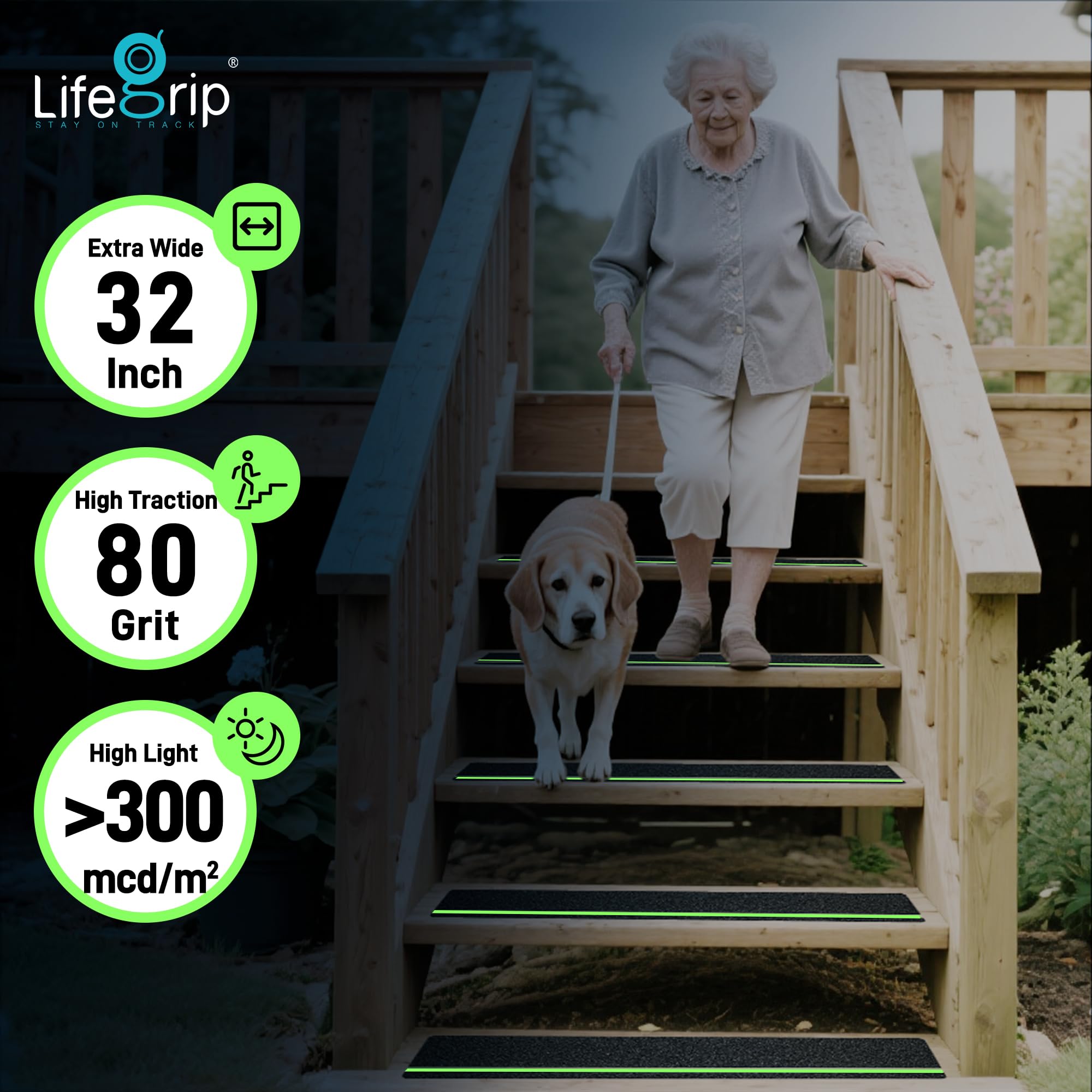 LifeGrip - Peldaños de tracción Antideslizantes con Rayas Que Brillan en la Oscuridad (Paquete de 10), 6 x 32 Pulgadas, Cinta de Mejor Agarre Antideslizante, Cinta Antideslizante para Exteriores