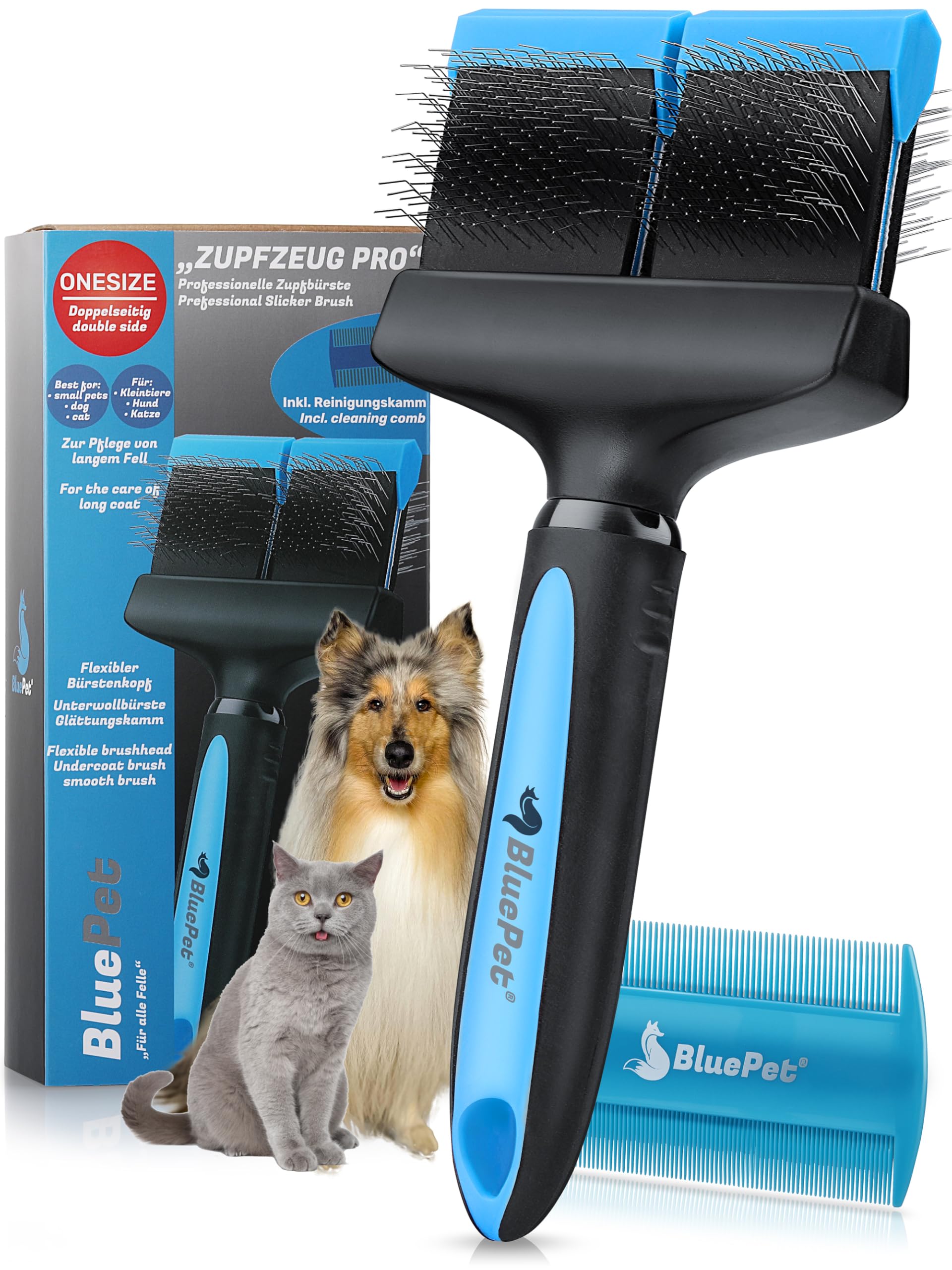 BluePet ZupfZeug Pro Professionelle Hundebürste Langhaar, Flexible Zupfbürste für Hunde & Katzen I Entfernt sanft Unterwolle, Verfilzungen & Knoten (Doppelkopf Blau)