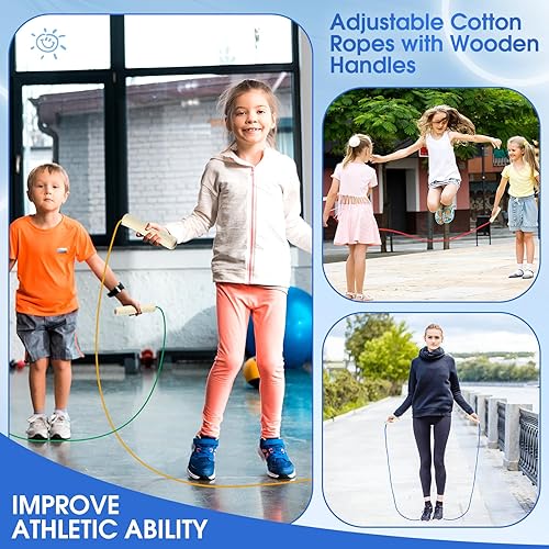 Miniatura 7 de Cuerdas de salto de 8.53 pies para niños y adultos, cuerda de saltar ajustable de algodón con mango de madera para multijugador, cuerda de saltar