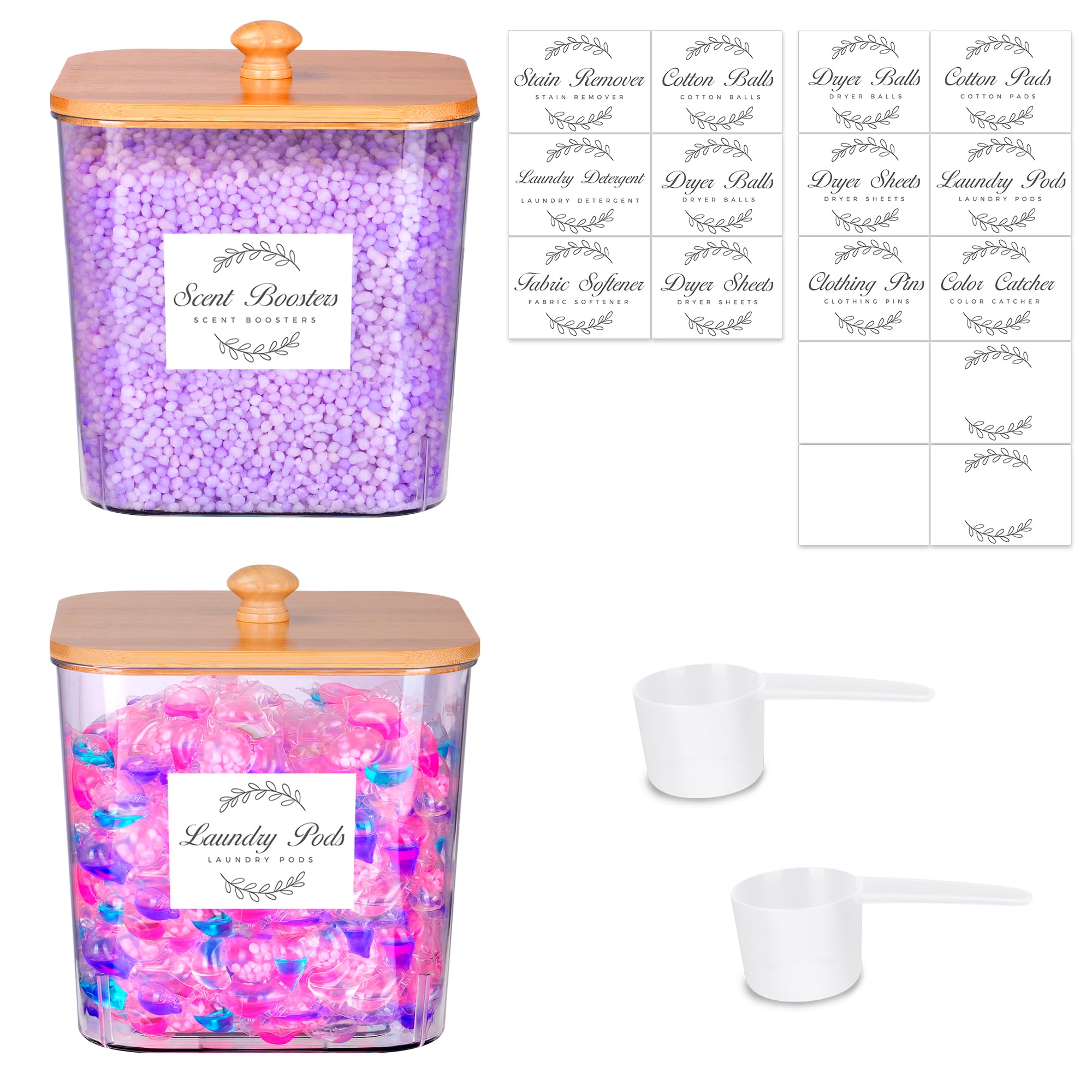 efluky 2 Pack Laundry Pods Container & Dryer Sheet Holder Set,Clear Laundry Room Organization Containers with Bamboo Lids and Labels,Laundry Pods Holder for Scent Booster,Powder,Pod