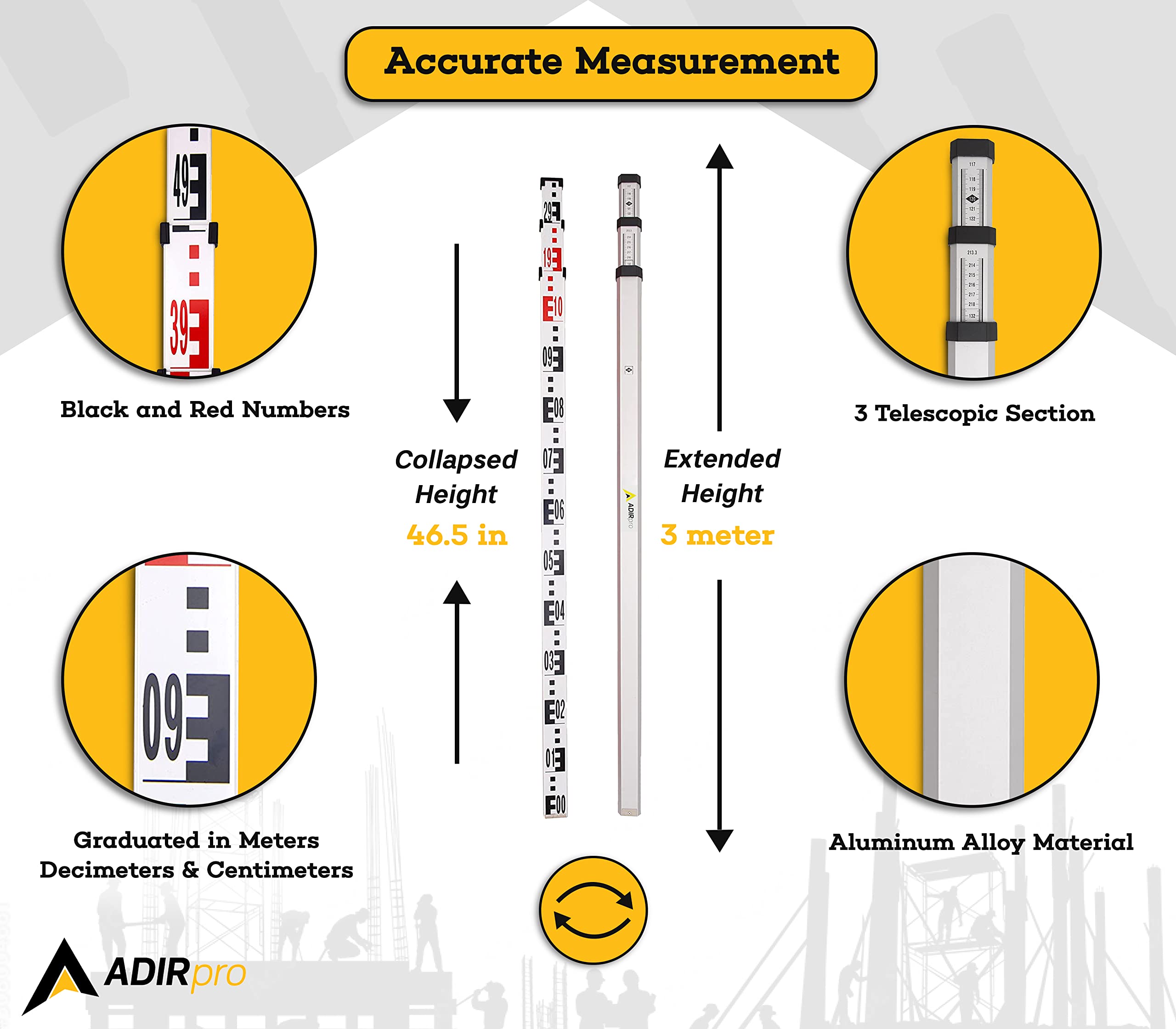 AdirPro 3-Meter Aluminum Grade Rod – Metric, Dual Sided 3-Section Telescopic Leveling Rod – Bubble Level and Soft Carrying Case Included