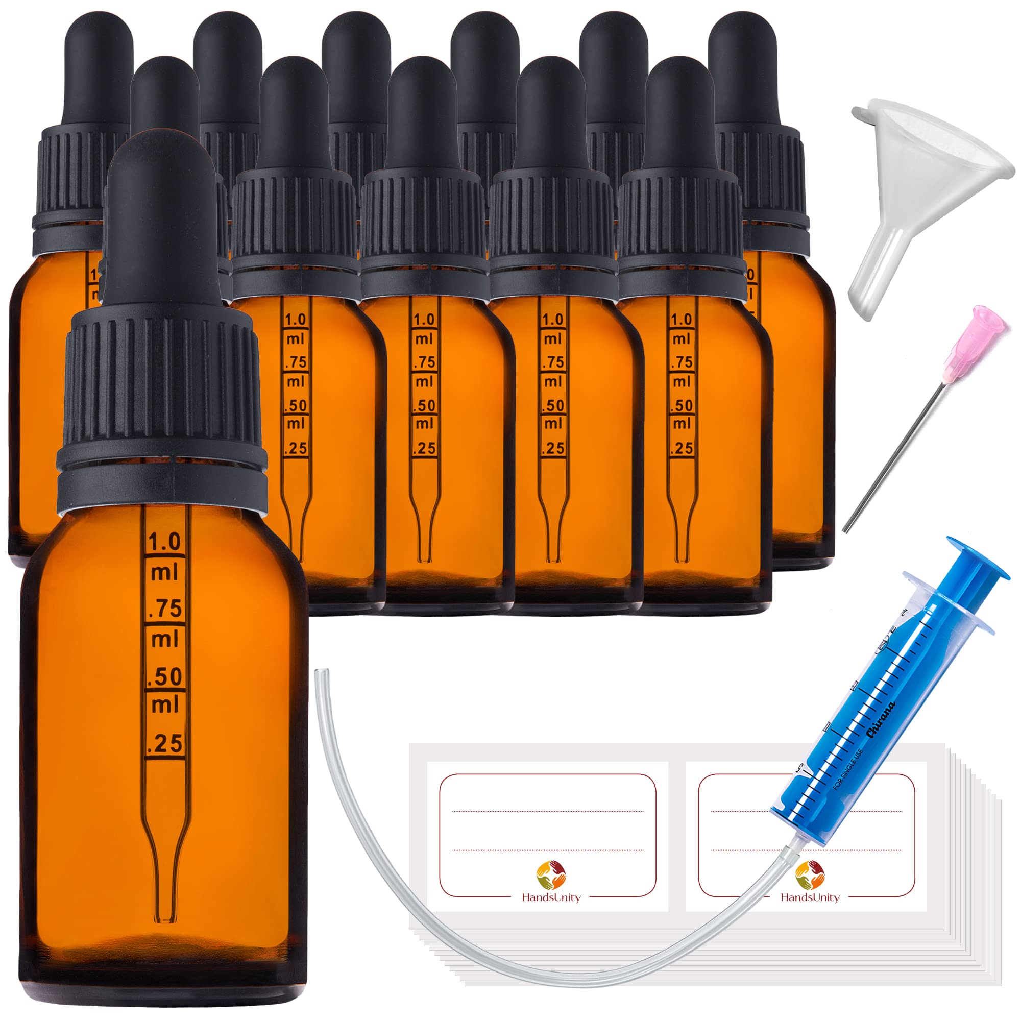 15ml-12pcs de Flacon de Pipette Petit Flacon en Verre - d'apothicaire en Verre Ambré avec Capuchon de Pipette Blanc Comprenant 29pcs d'accessoires Bouteilles en Verre Brun