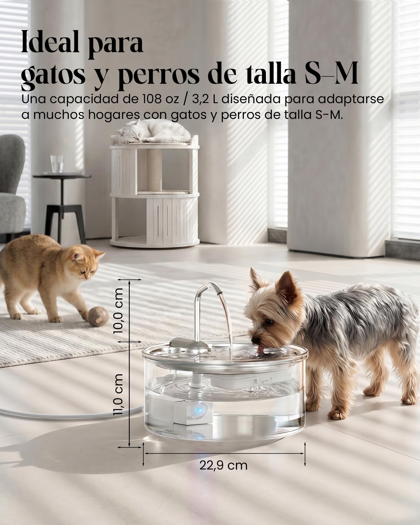 Tomxcute Fuente de Agua de Vidrio de 3,2 L para Gatos y Perros Pequeños | Nivel de agua visible, Súper Silencioso, diseño con grifo y mantenimiento sencillo