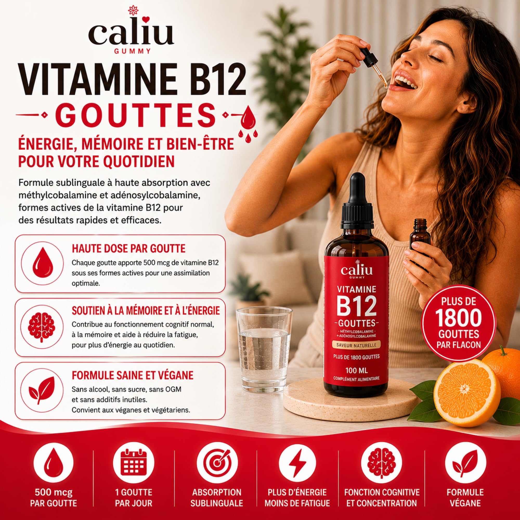 Vitamine B12 Méthylcobalamine Sublinguale | 100 ml Gouttes Liquides | Haute Concentration en Vitamine B12 Active | Complément Alimentaire pour l'Énergie, le Système Nerveux et le Métabolisme
